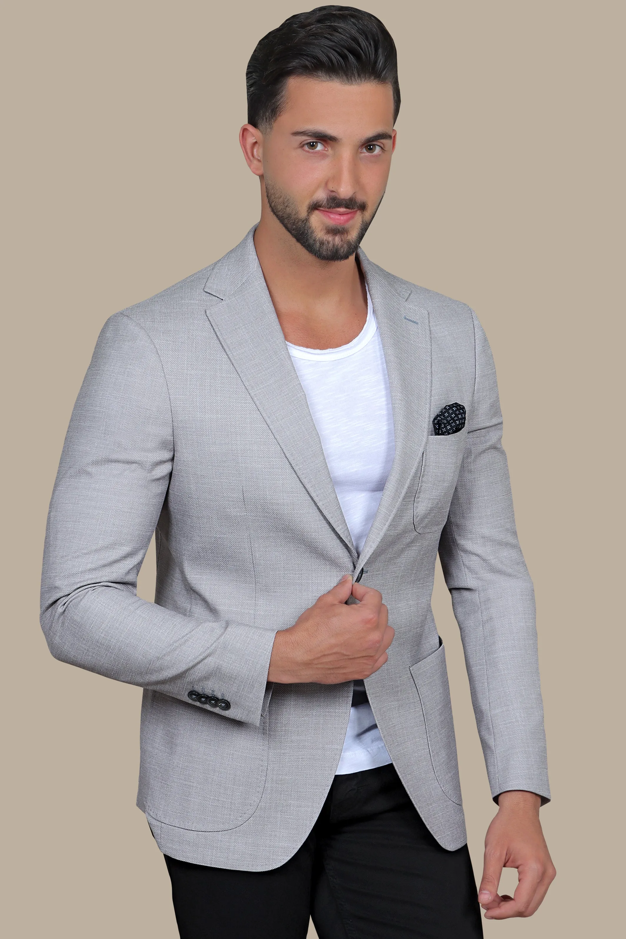 Light Grey Slim Fit Blazer with Up & Down Notch Patch