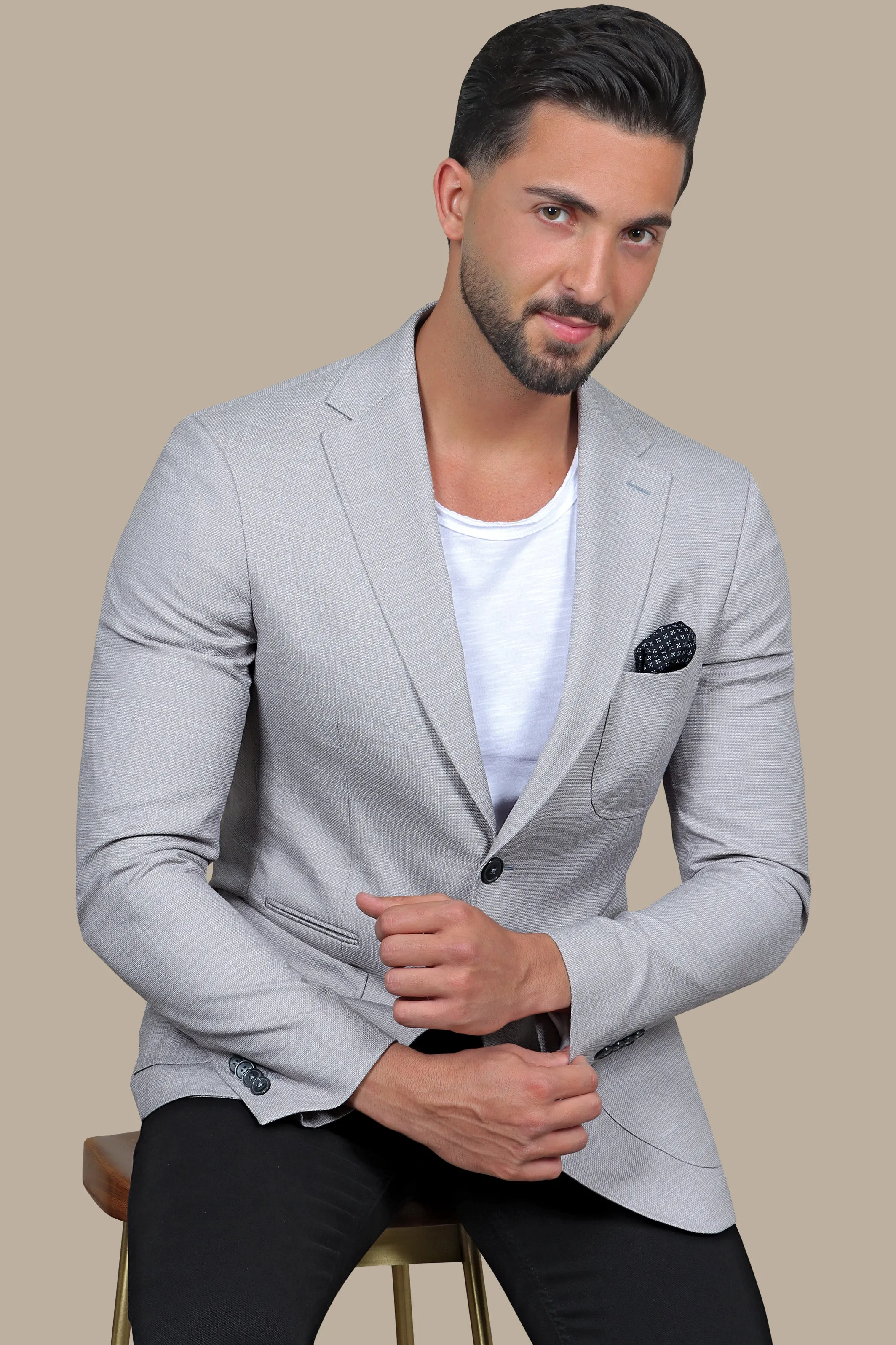 Light Grey Slim Fit Blazer with Up & Down Notch Patch