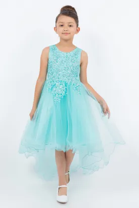 Little Girls Aqua Rhinestone Pearl Wired Tulle Hi-Low Flower Girl Dress 2-6