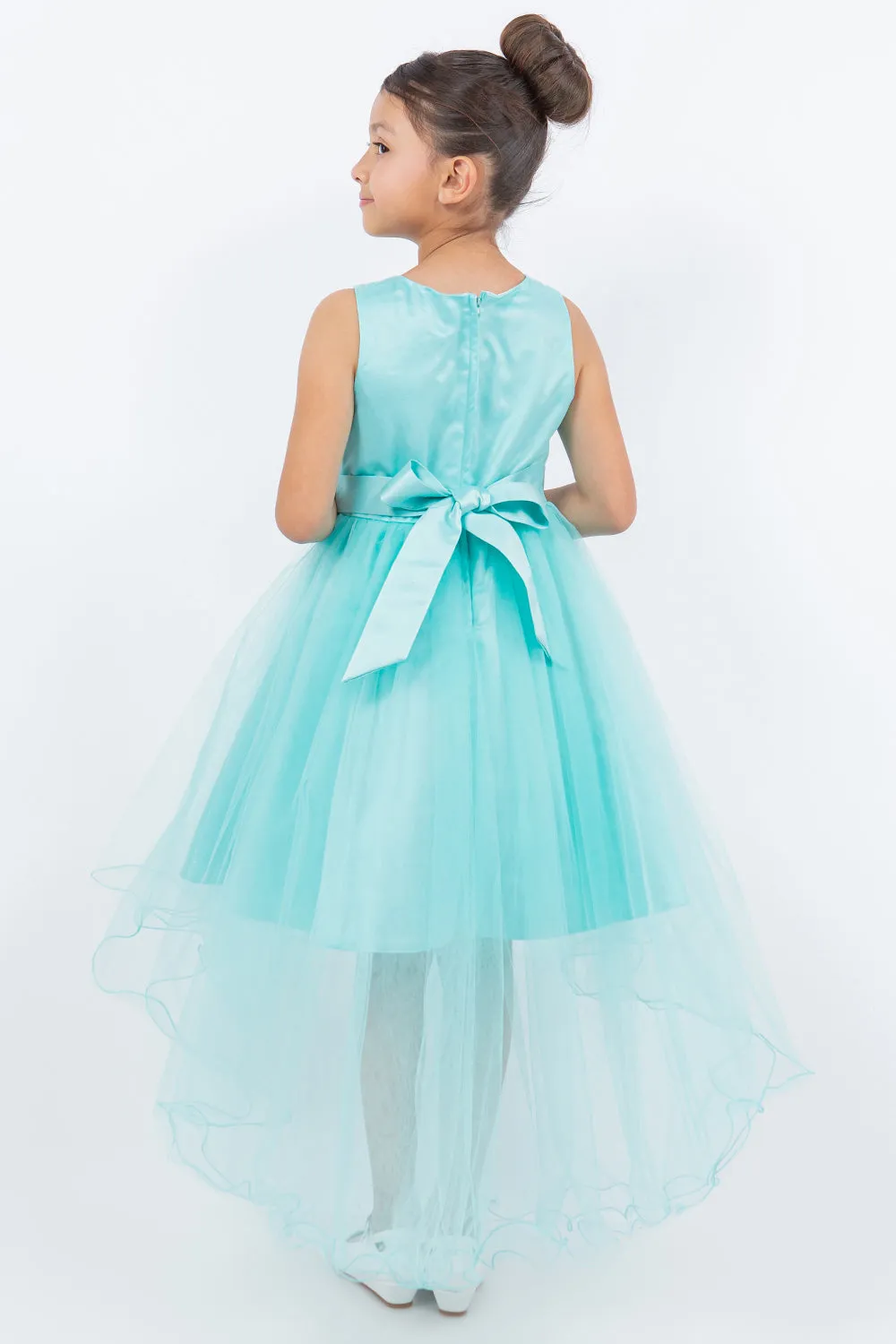 Little Girls Aqua Rhinestone Pearl Wired Tulle Hi-Low Flower Girl Dress 2-6