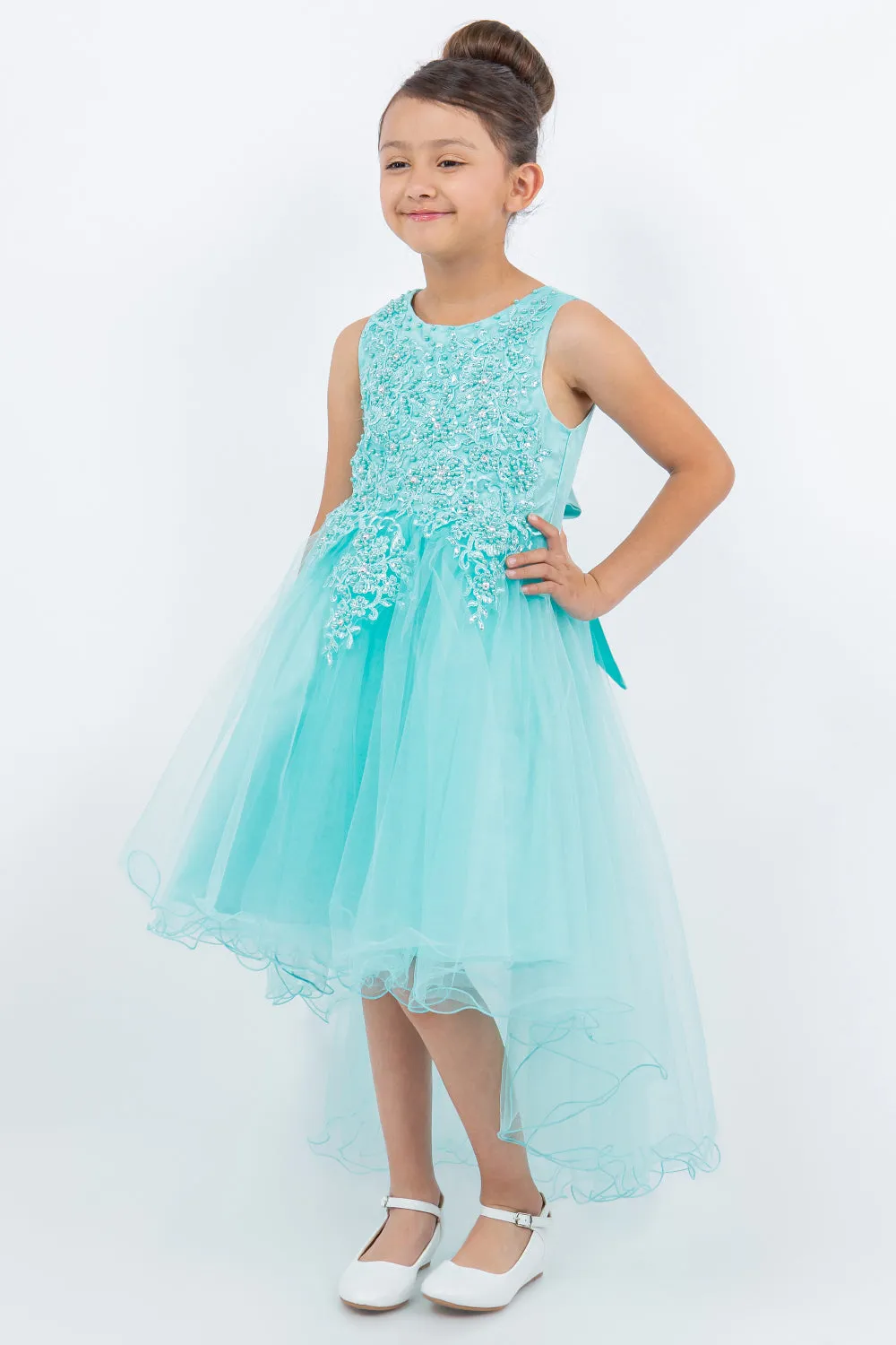 Little Girls Aqua Rhinestone Pearl Wired Tulle Hi-Low Flower Girl Dress 2-6