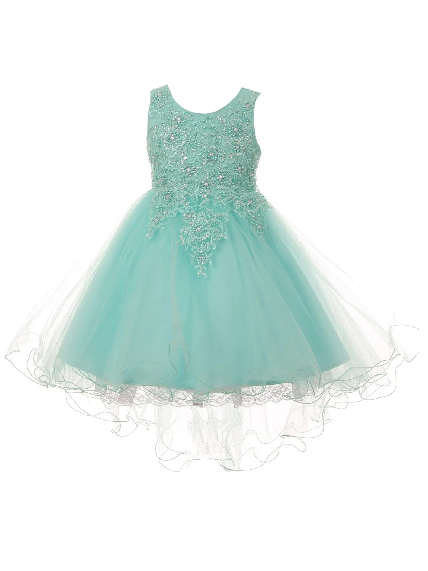 Little Girls Aqua Rhinestone Pearl Wired Tulle Hi-Low Flower Girl Dress 2-6