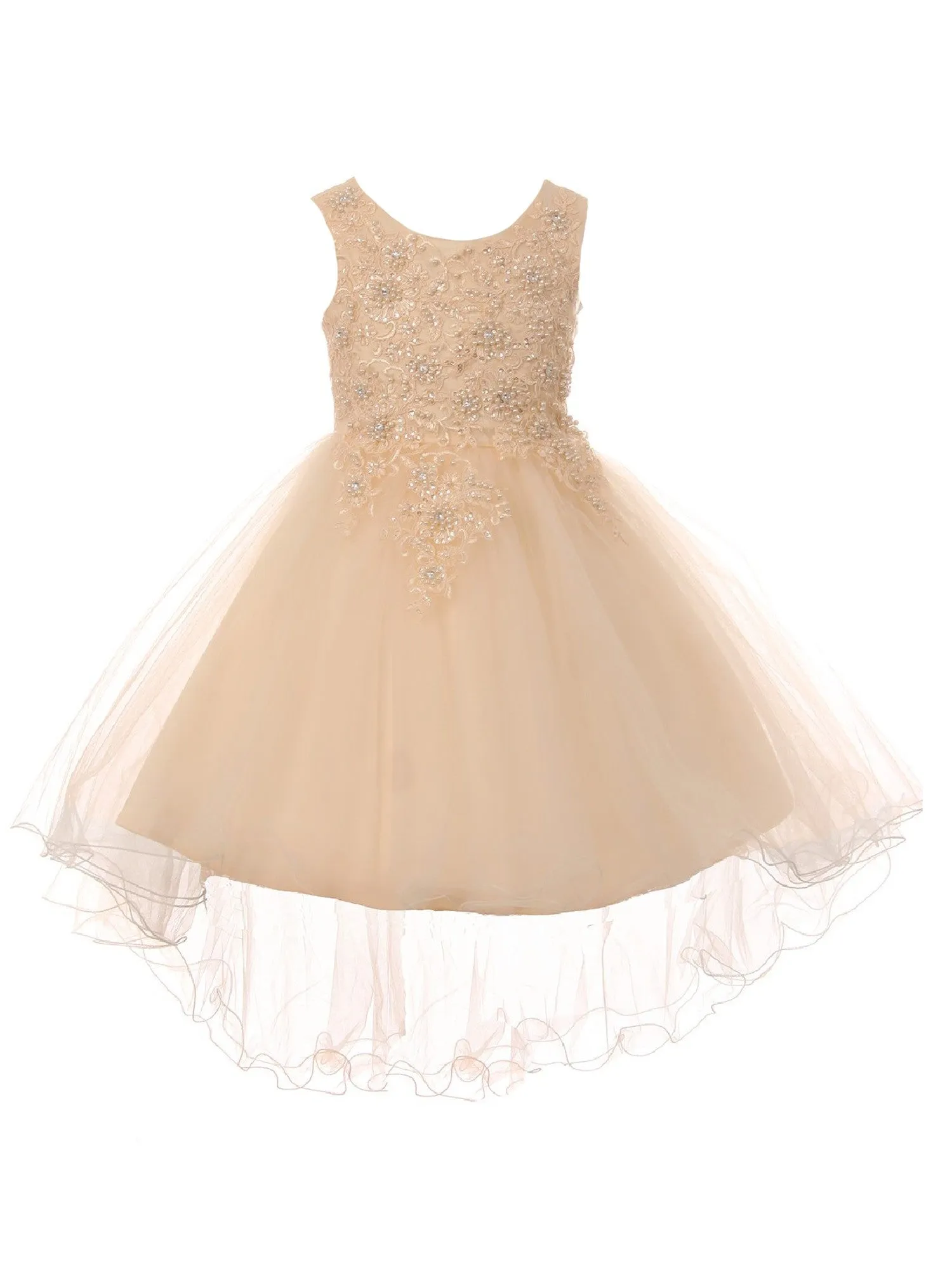 Little Girls Champagne Rhinestone Pearl Wired Tulle Hi-Low Flower Girl Dress 2-6