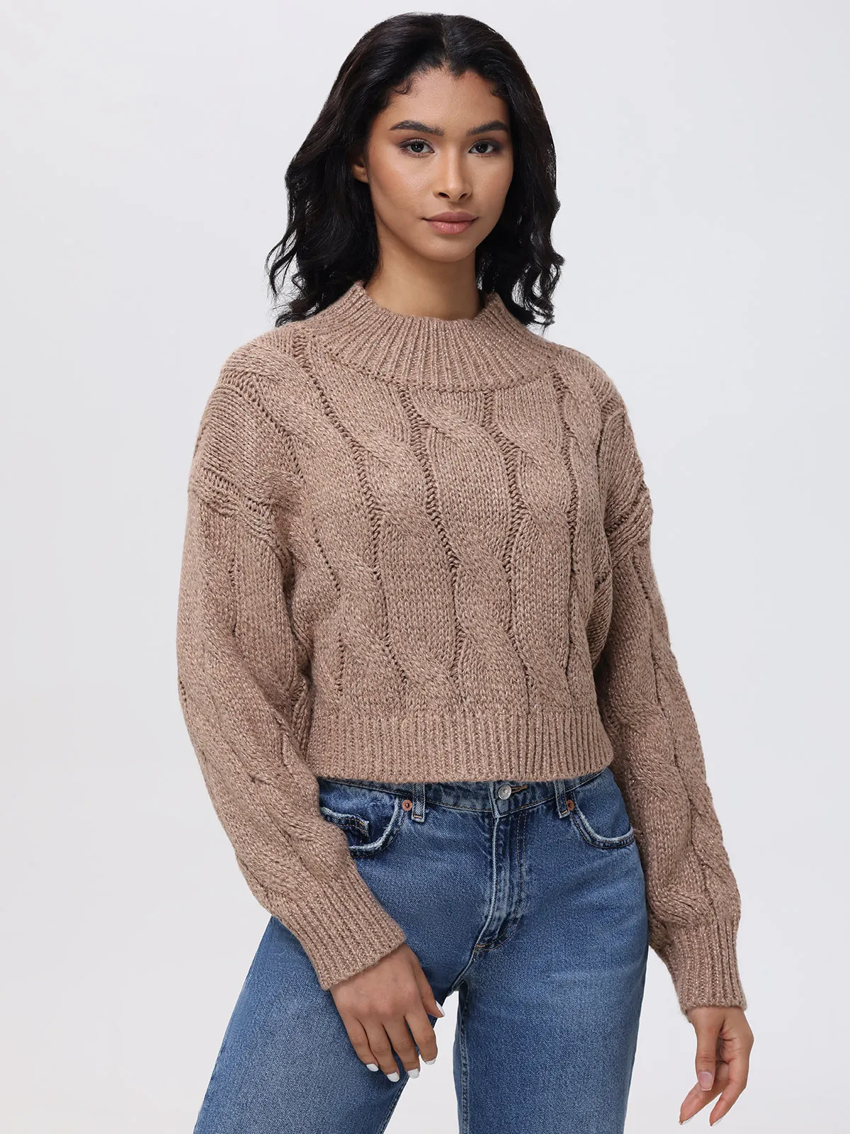 Lola: Metallic Cable-Knit Crop Sweater