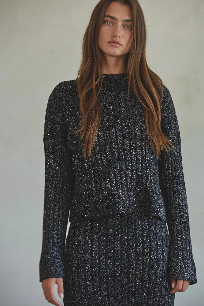 Long Sleeve Black/Silver Cropped Sweater by By Together