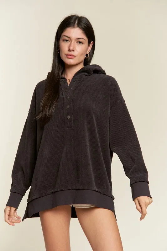 Long Sleeve Button Down Ribbed Hooded Sweatshirt