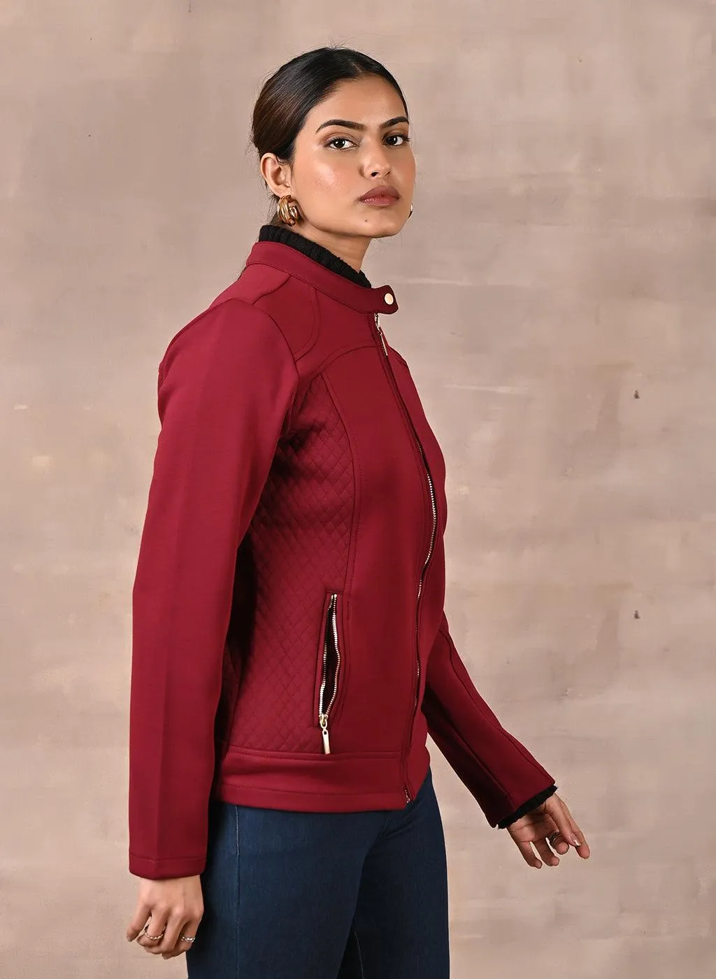 Maroon Quilted Jacket with Zipper Detail