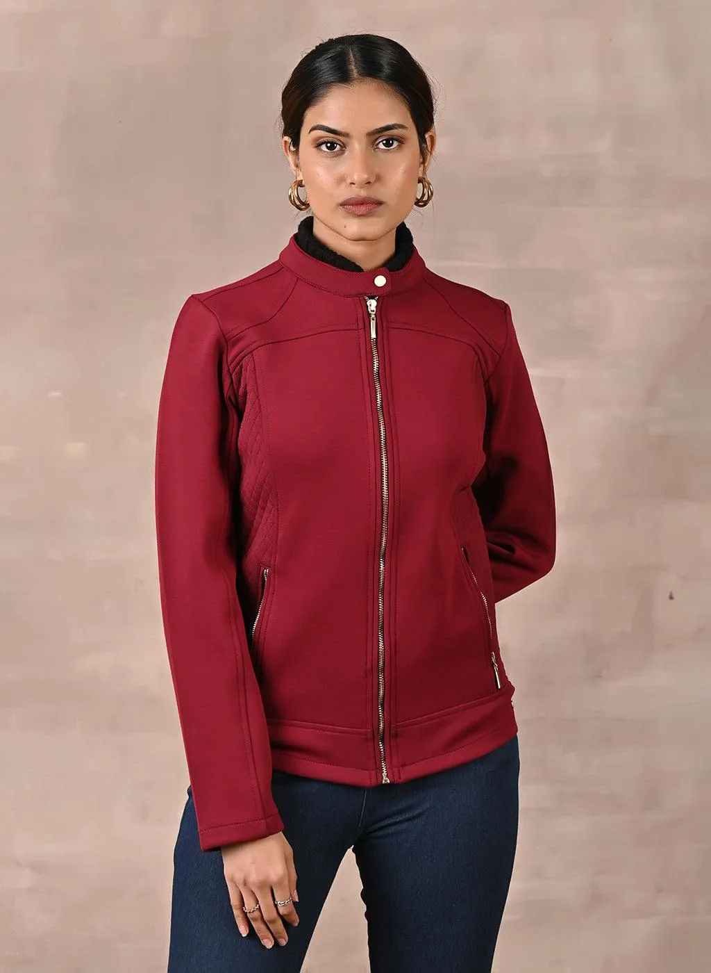 Maroon Quilted Jacket with Zipper Detail