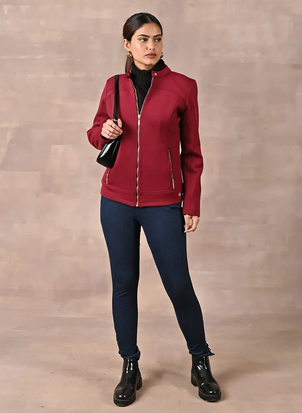 Maroon Quilted Jacket with Zipper Detail