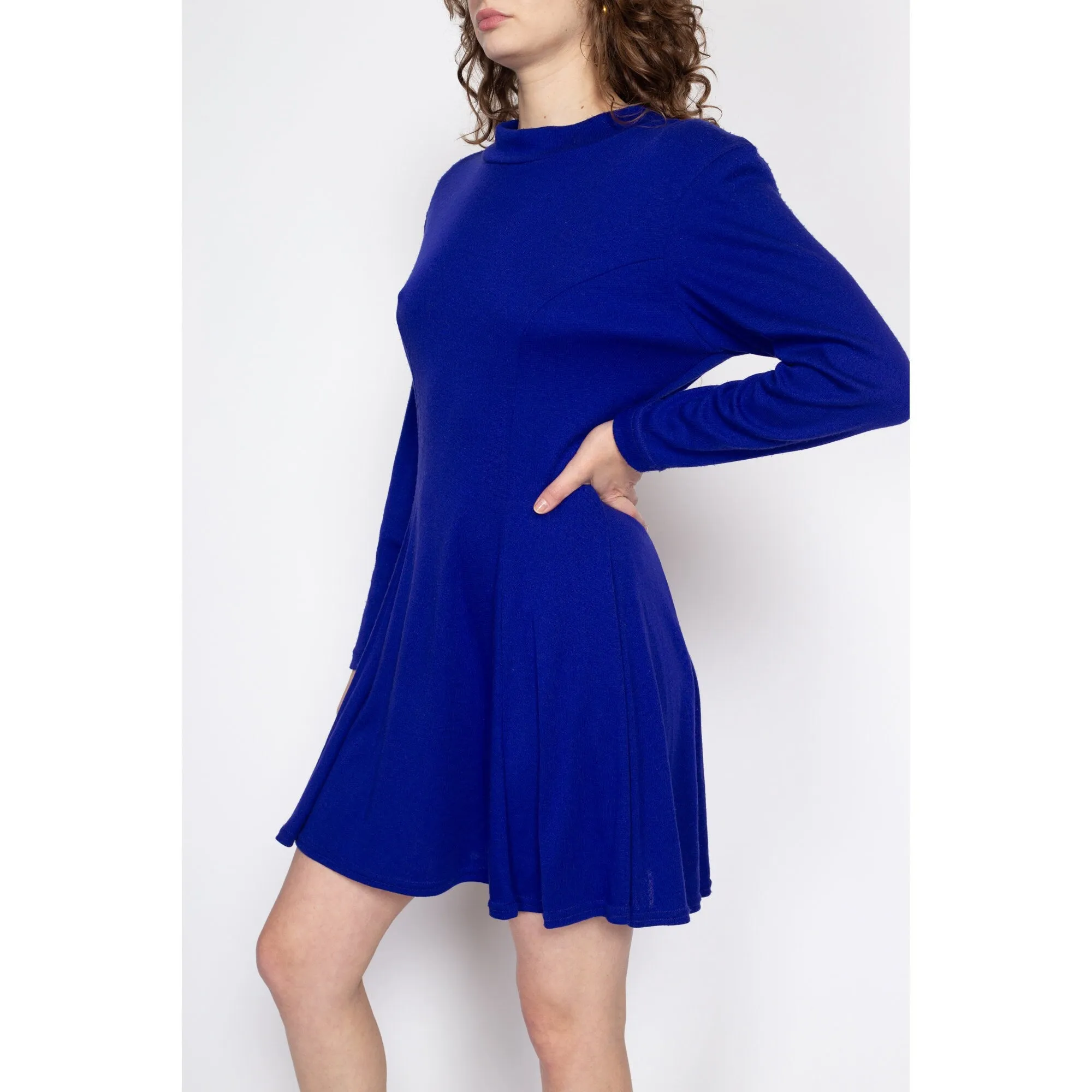 Med-Lrg 80s Royal Blue Knit Mini Sweater Dress