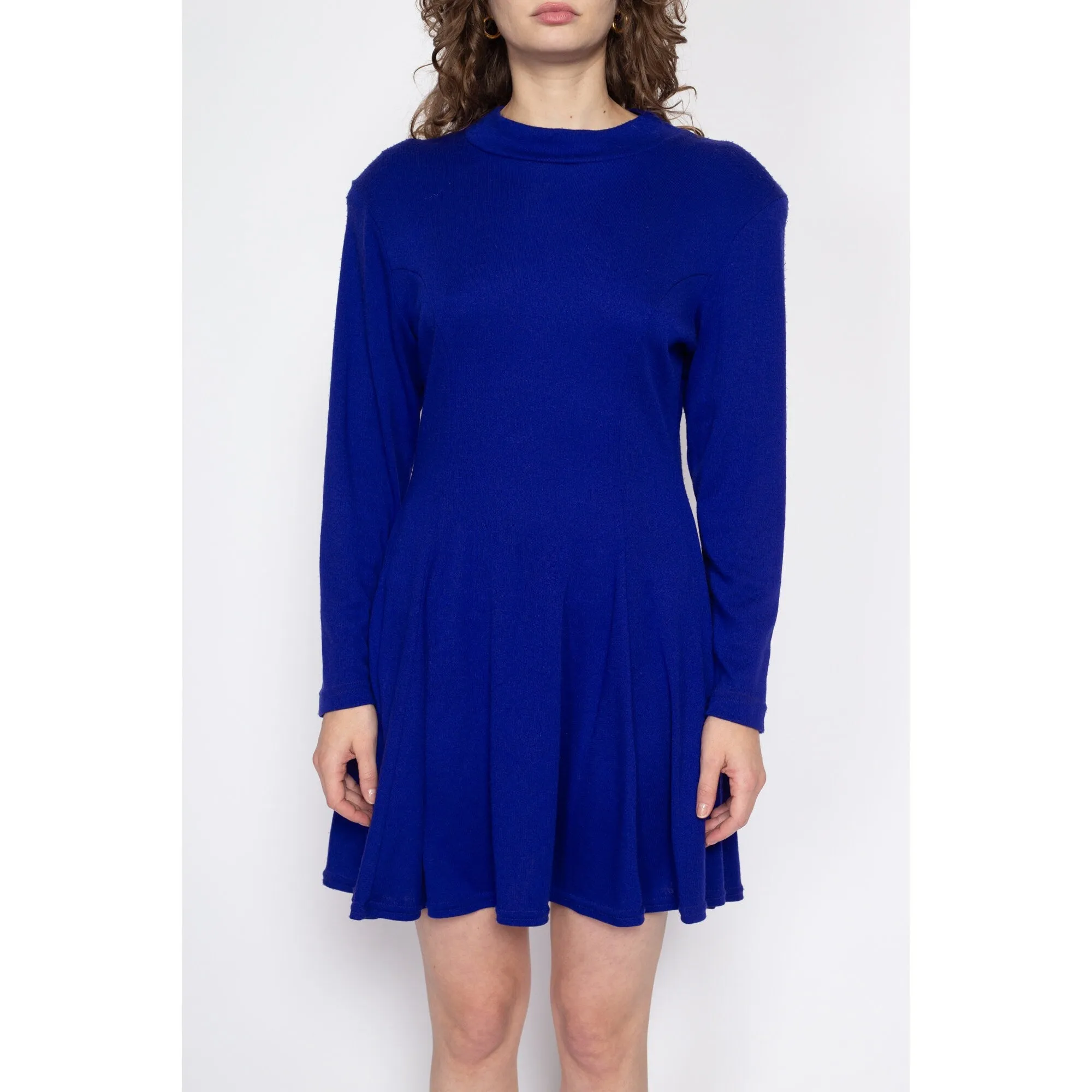 Med-Lrg 80s Royal Blue Knit Mini Sweater Dress