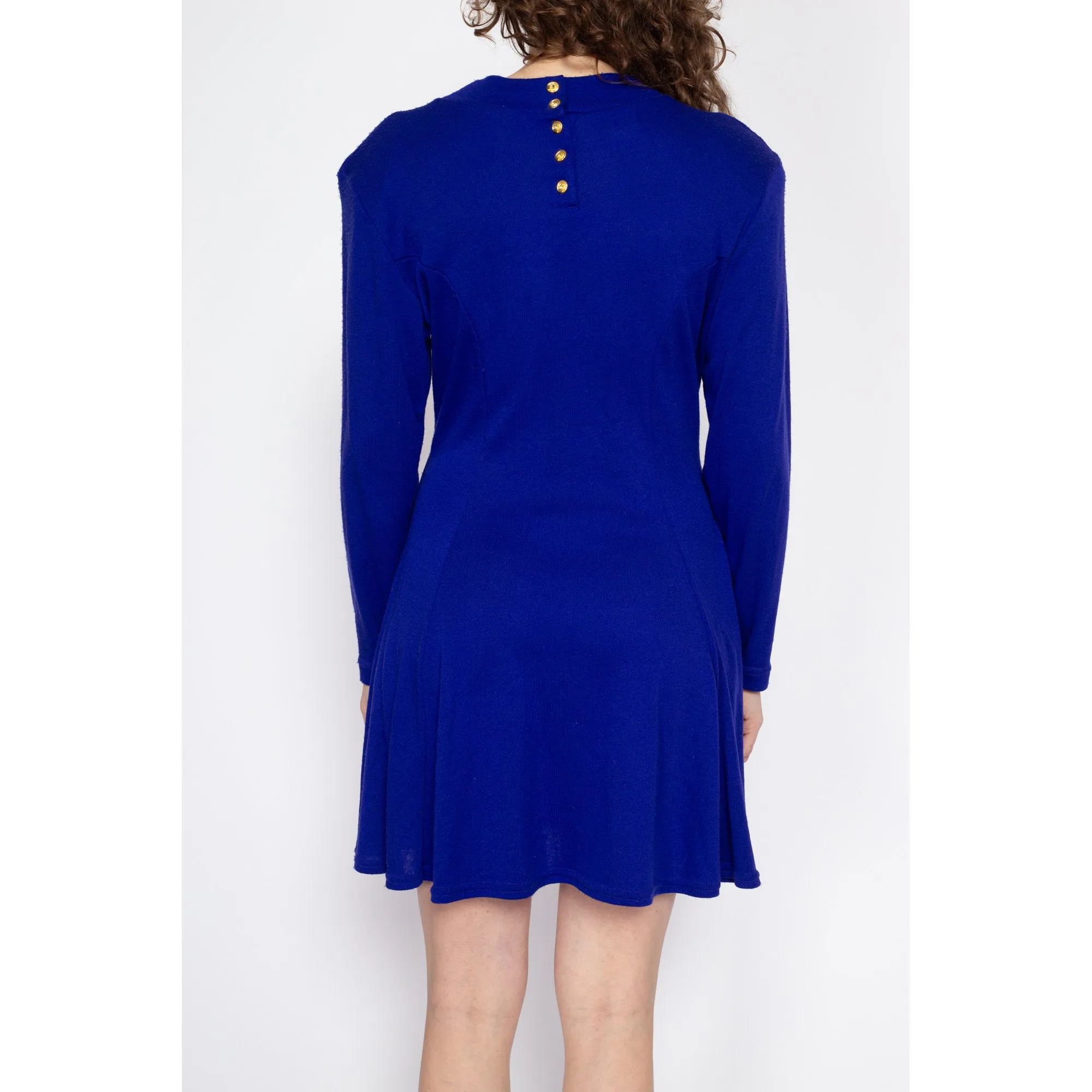 Med-Lrg 80s Royal Blue Knit Mini Sweater Dress