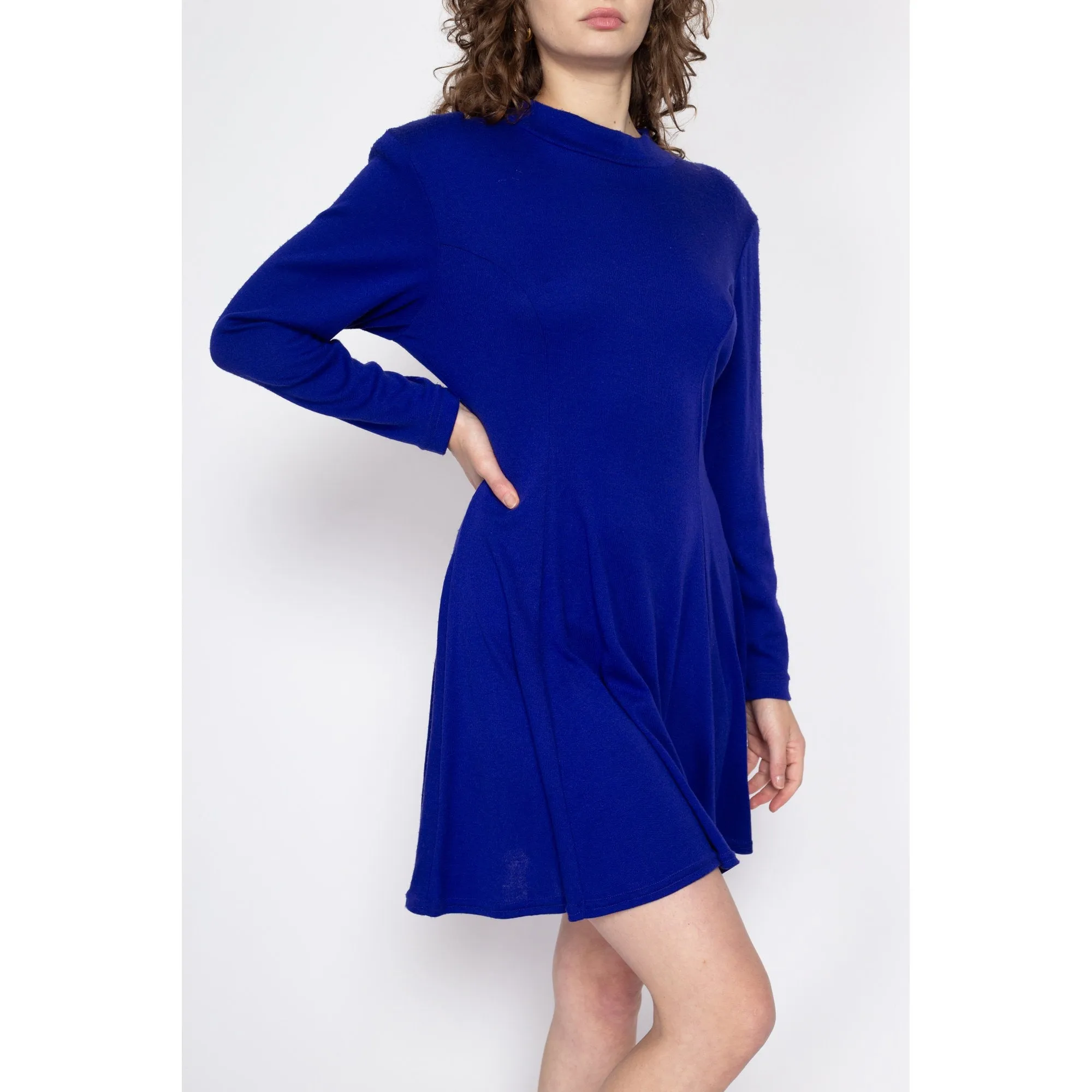 Med-Lrg 80s Royal Blue Knit Mini Sweater Dress