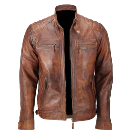 Men's Biker Quilted Vintage Distressed Brown Moto Cafe Racer Leather Jacket | Men's Biker Quilted Vintage Brown Moto Cafe Leather Jacket