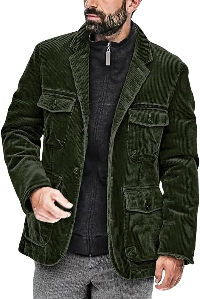 Men's Fashion Corduroy Notched Lapel Button Down Jacket Sport Coat