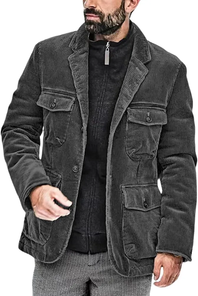 Men's Fashion Corduroy Notched Lapel Button Down Jacket Sport Coat