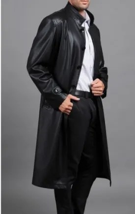 Men's Genuine Leather Knee Length Trench Long Coat MC06