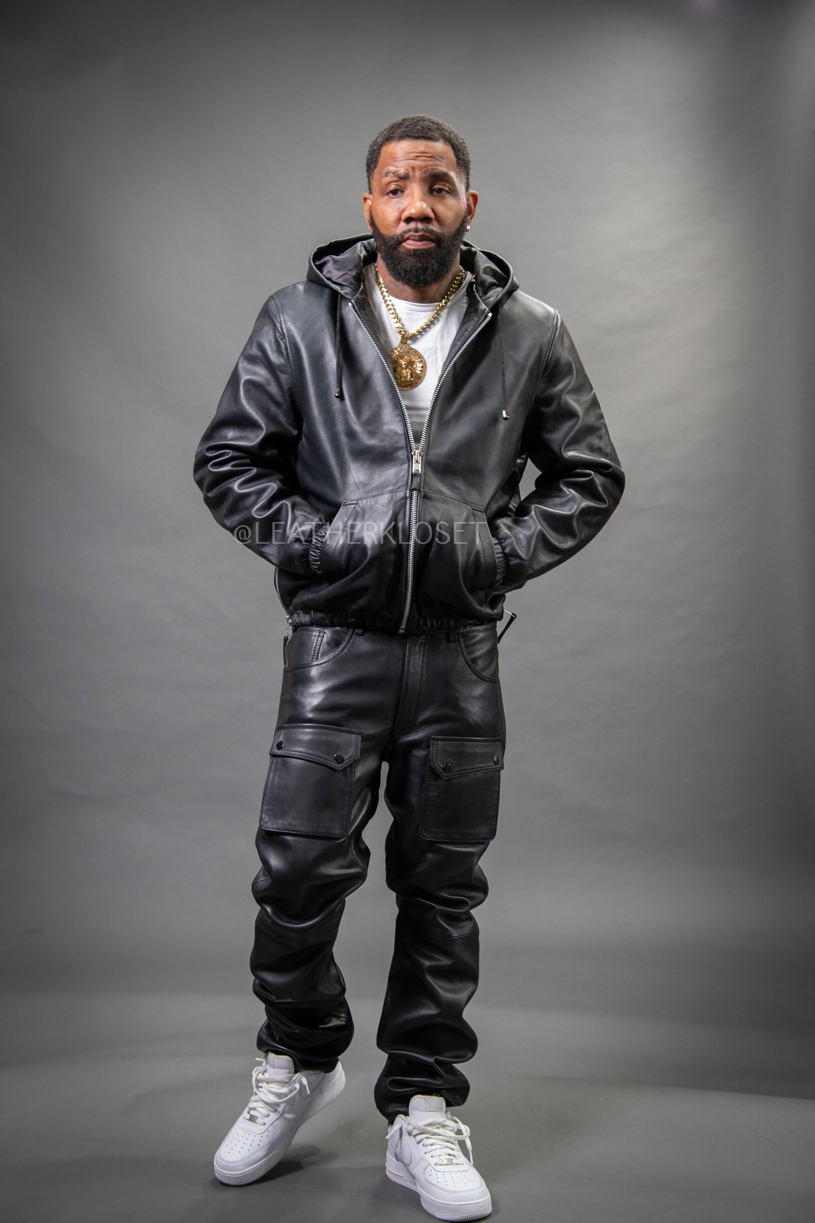 Men's Leather Hoodie And Cargo Pants Set [Black]