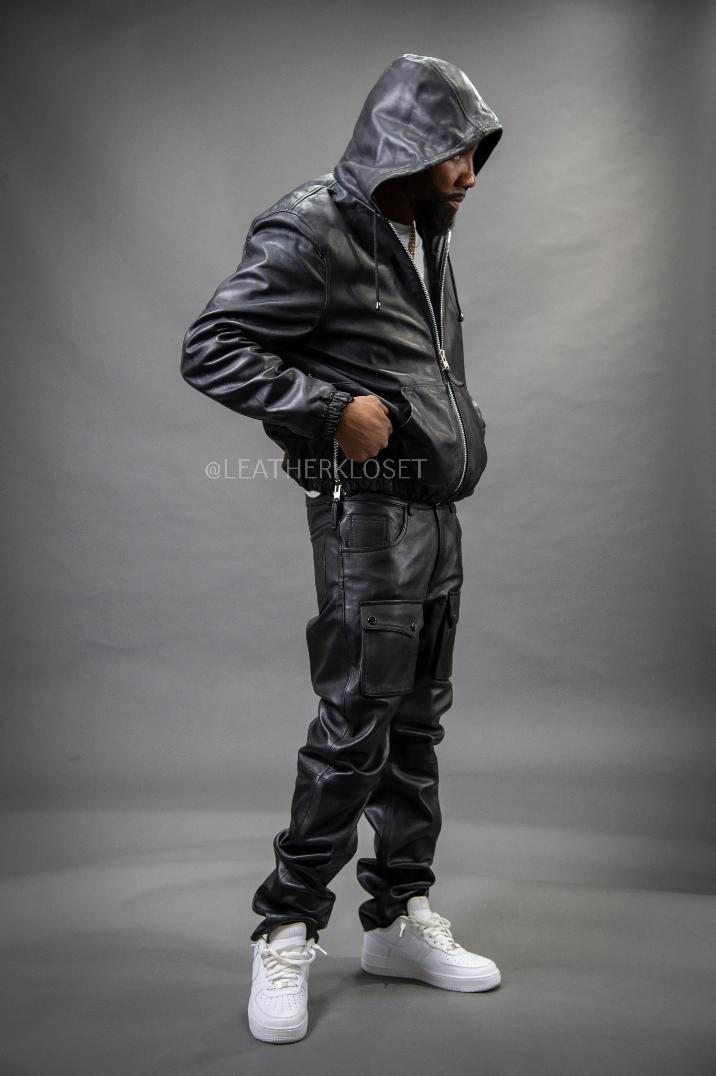 Men's Leather Hoodie And Cargo Pants Set [Black]