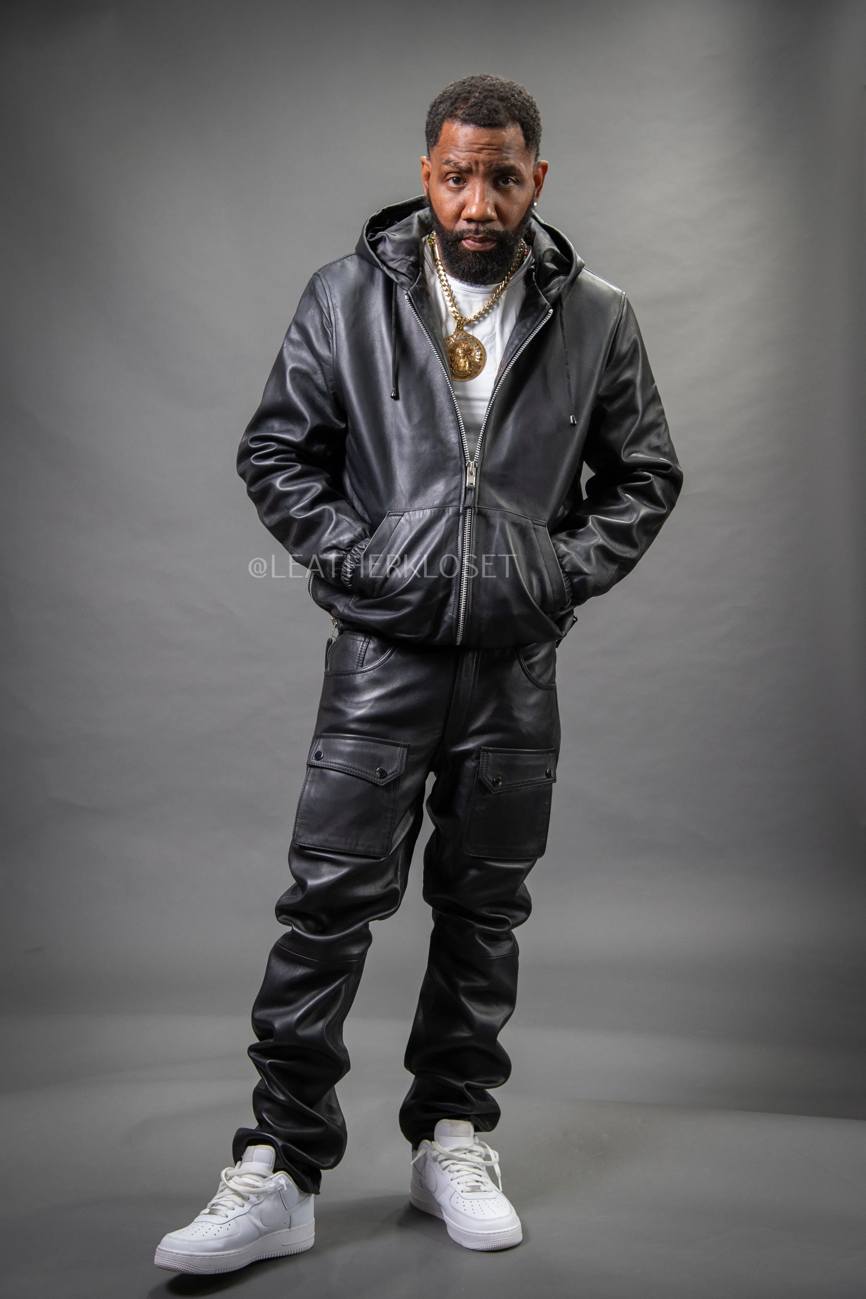 Men's Leather Hoodie And Cargo Pants Set [Black]