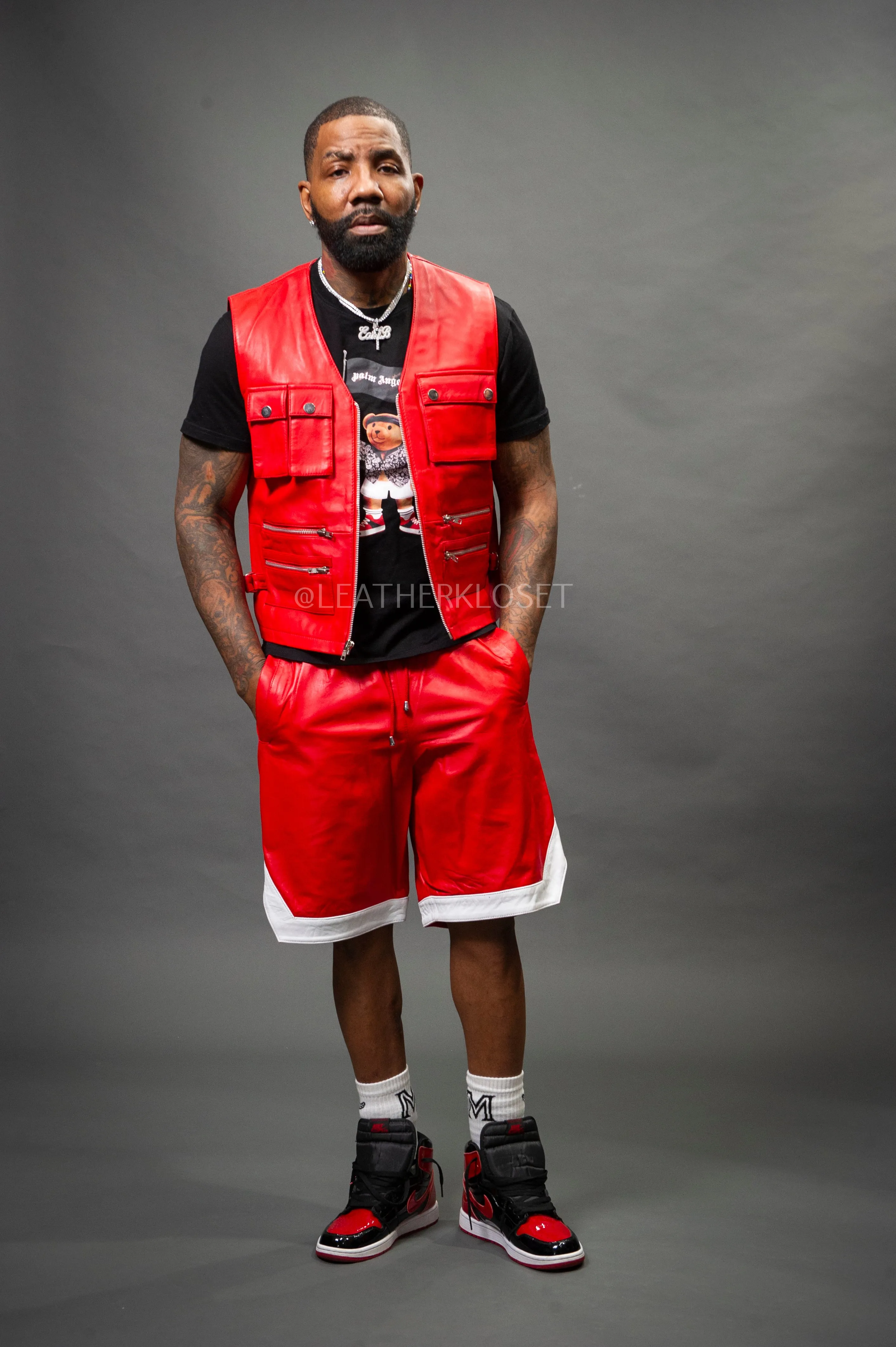 Men's Leather Tactical Vest With Leather Basketball Shorts [Red/White]