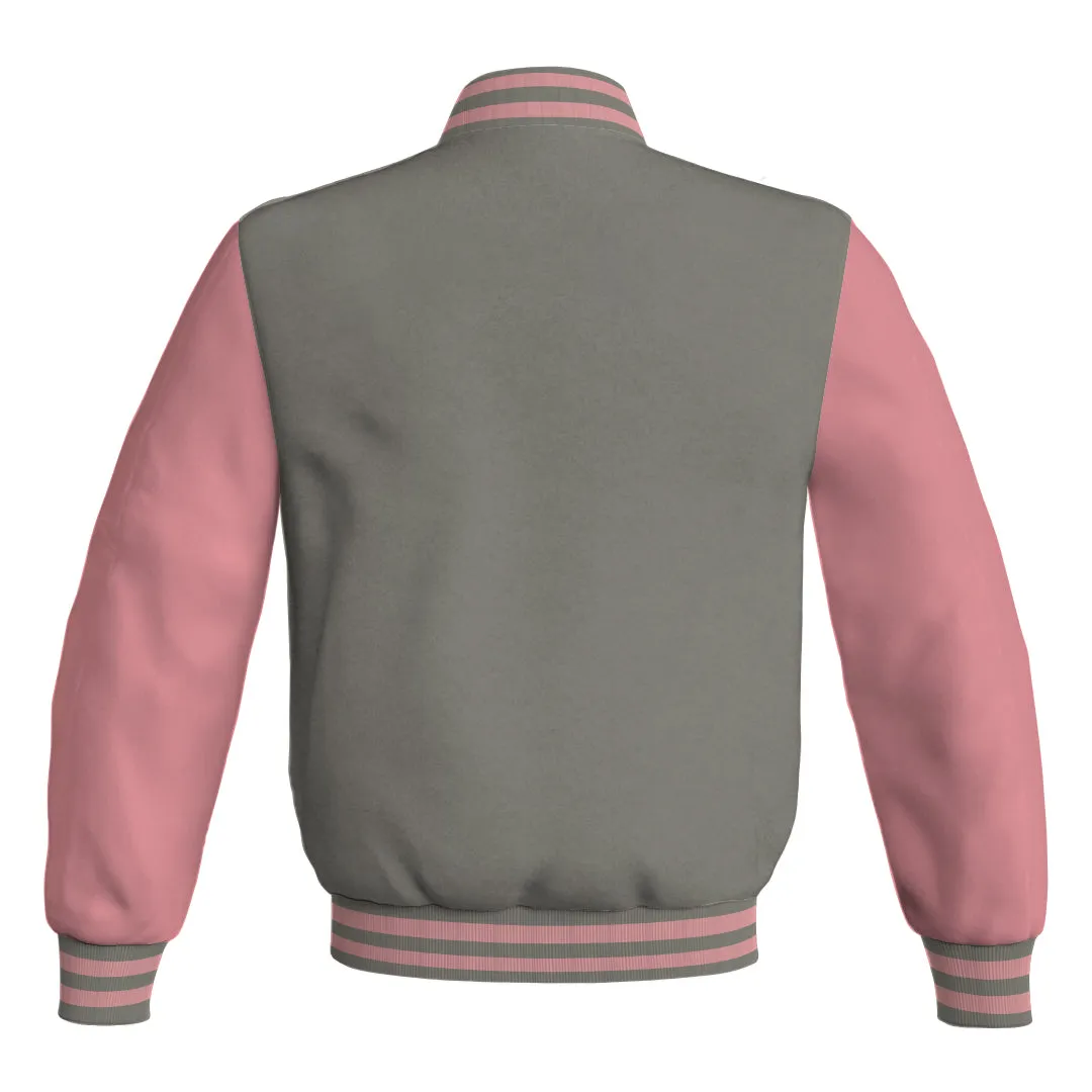 Mens Letterman Jacket Gray Body and Pink Leather Sleeves Bomber Jacket