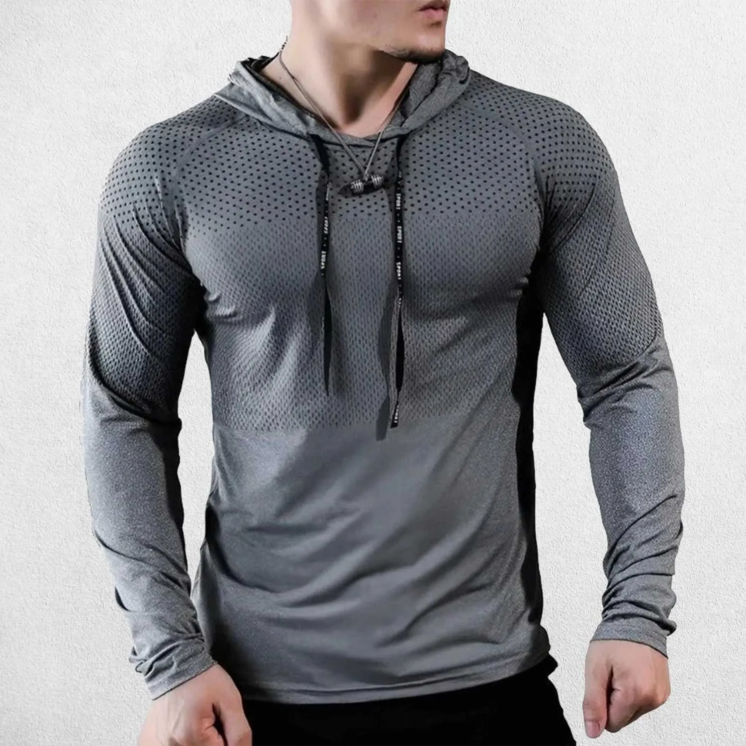 Men’s Quick-Dry Mesh Design Slim Fit Hooded Sports Top with Drawstring