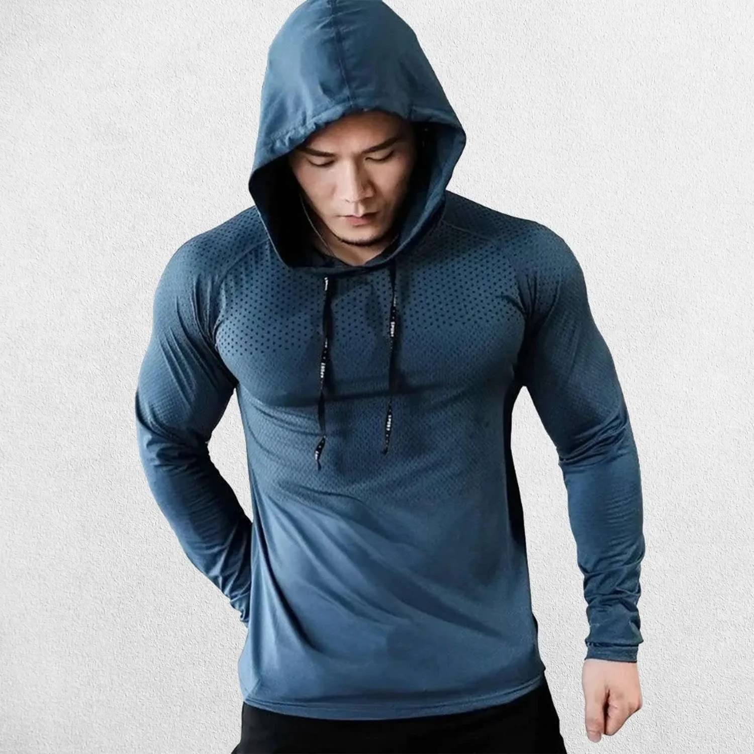 Men’s Quick-Dry Mesh Design Slim Fit Hooded Sports Top with Drawstring