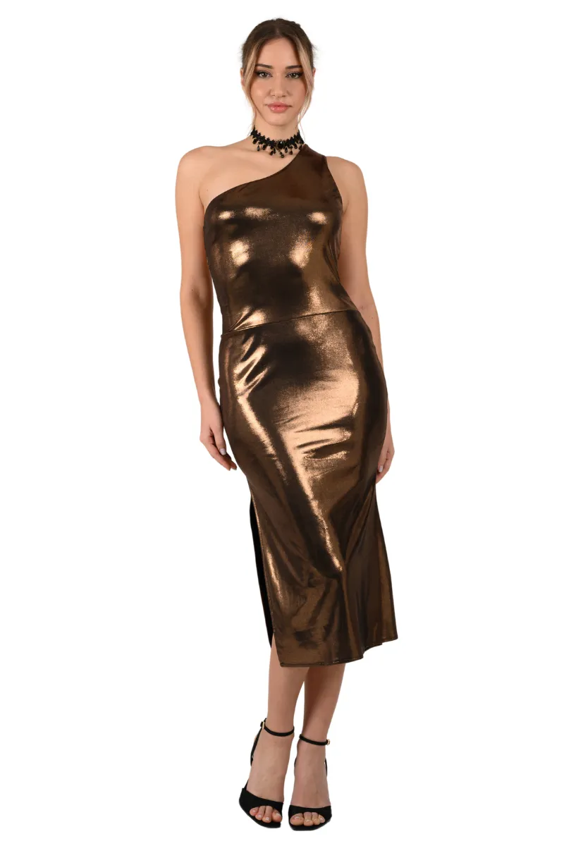 Metallic One-Shoulder Tango Dress With Side Slit