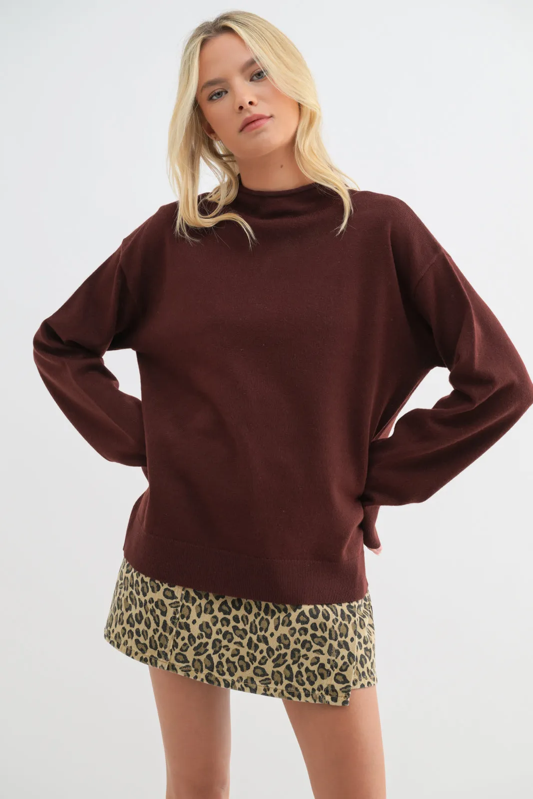 Millie Mock Neck Sweater Top - Bordeaux