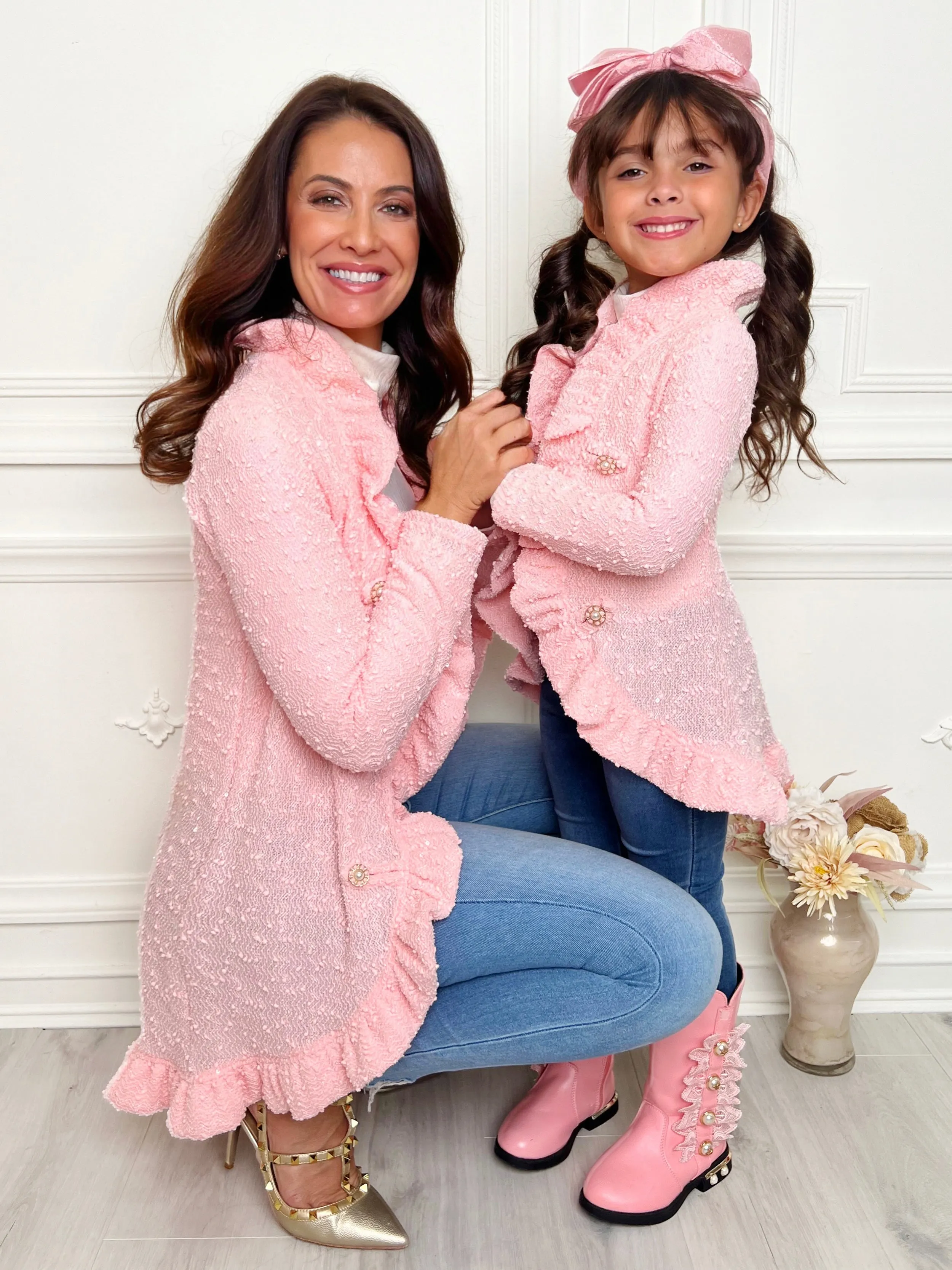 Mommy and Me Classy Duo Pink Blazer Ruffle Cardigan