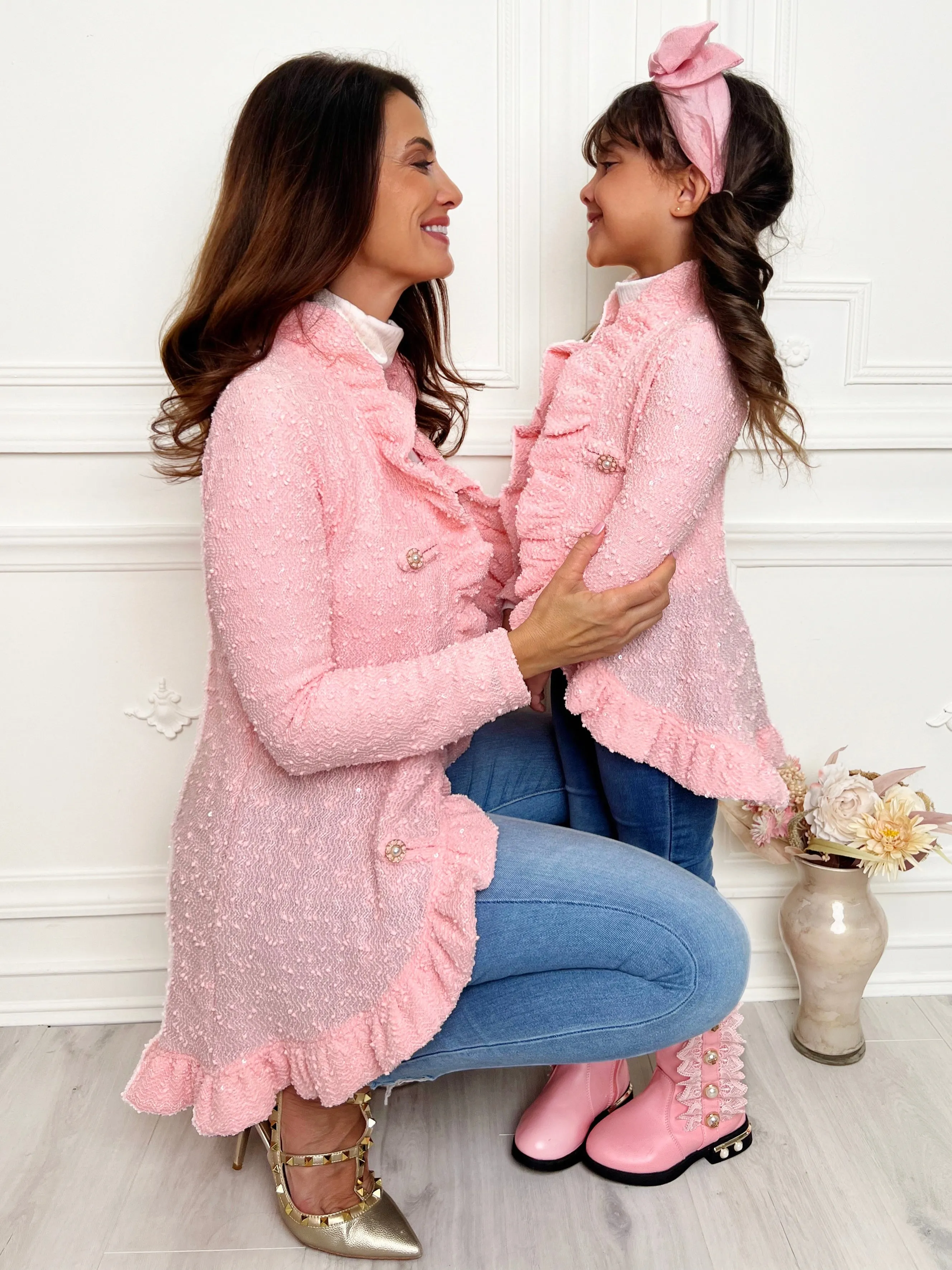 Mommy and Me Classy Duo Pink Blazer Ruffle Cardigan