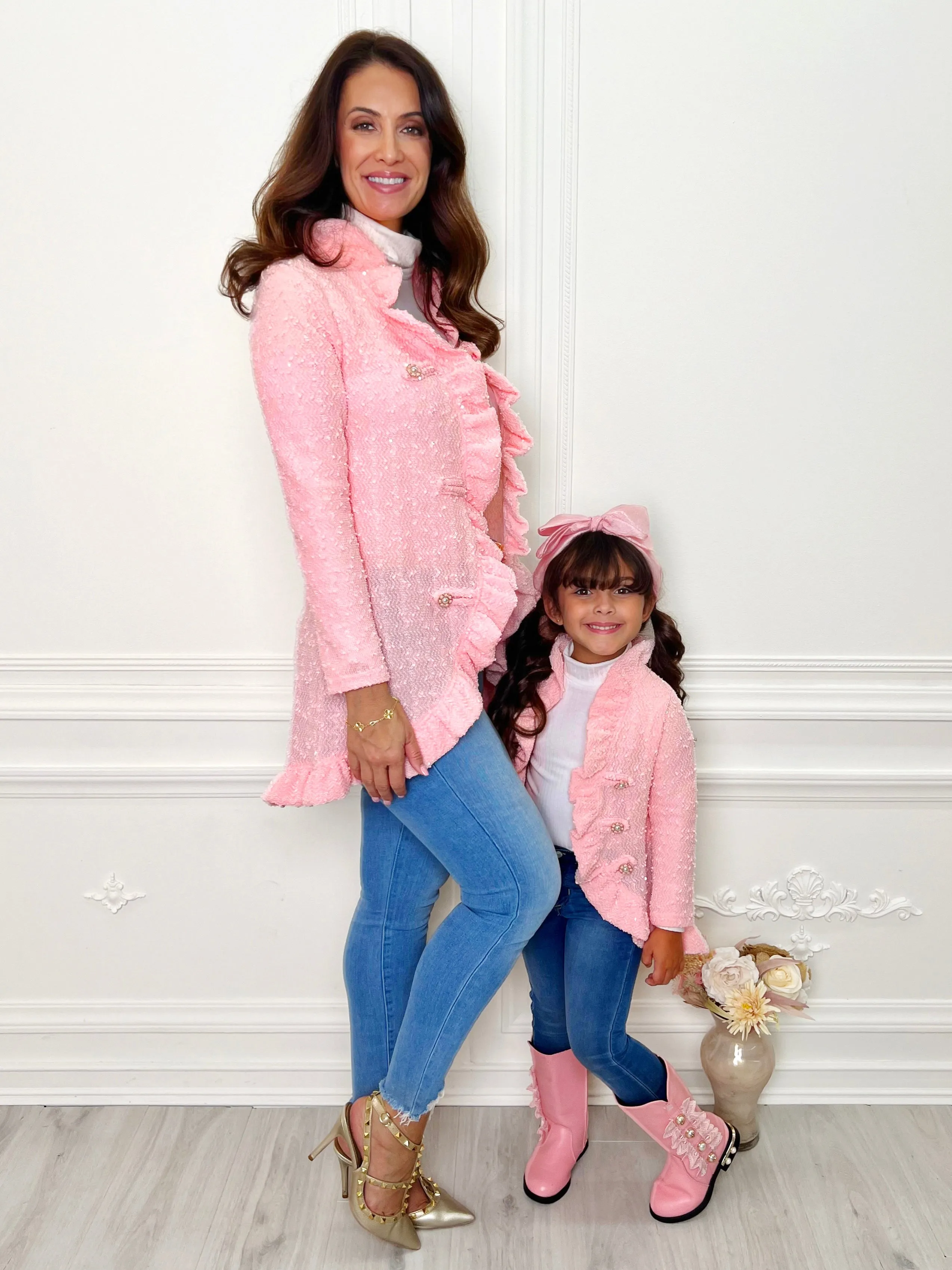 Mommy and Me Classy Duo Pink Blazer Ruffle Cardigan