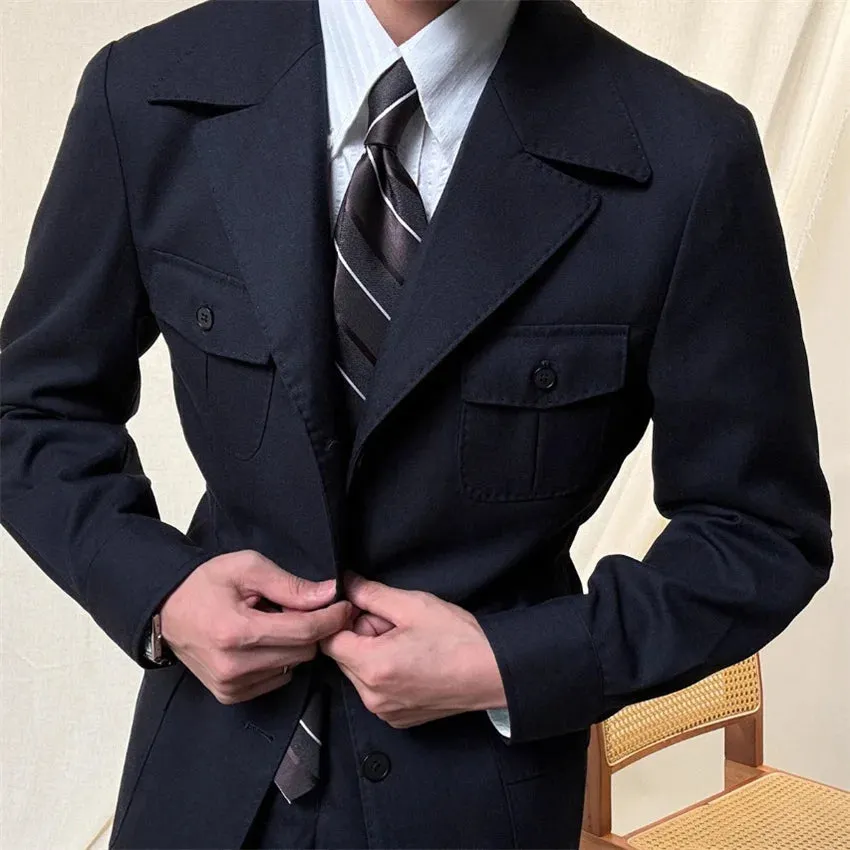 Multi-Pockets Solid Trench Blazer