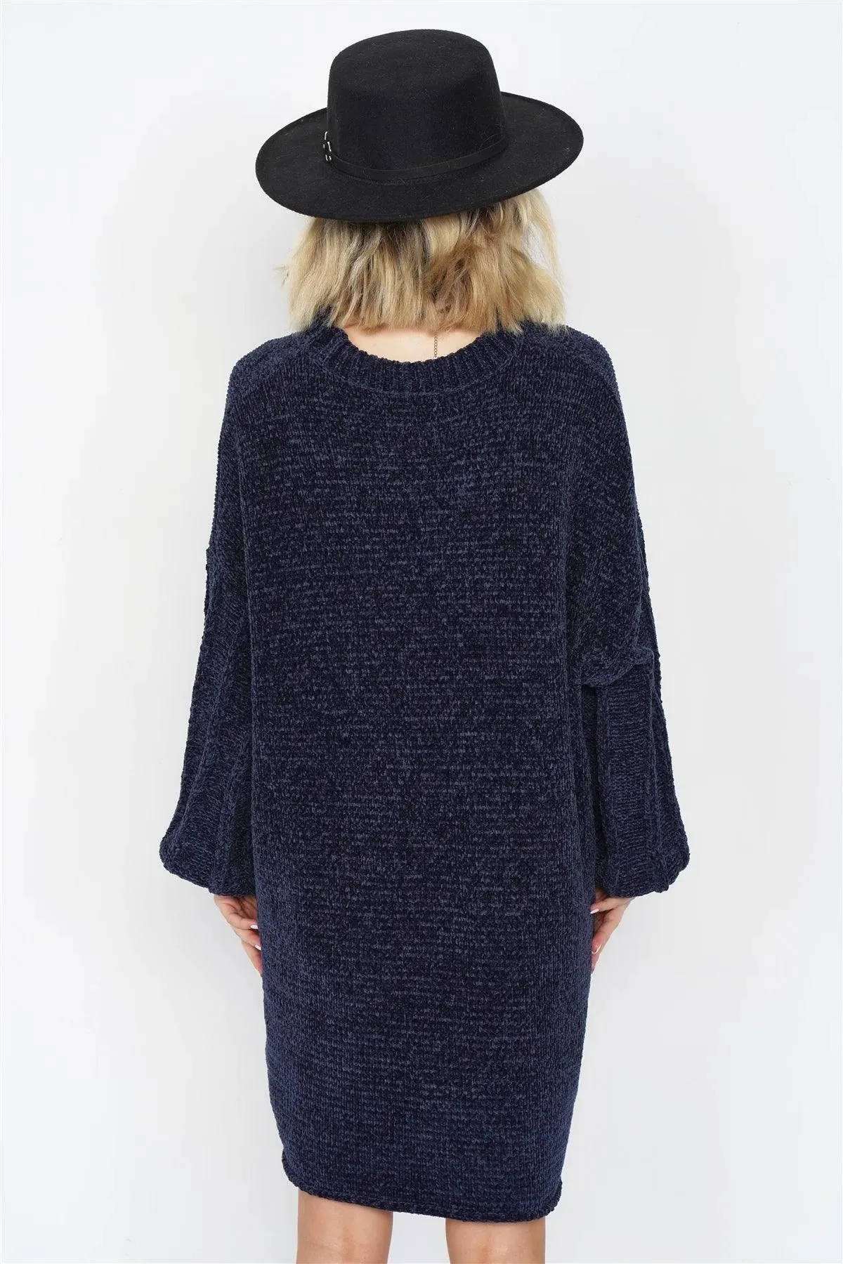 Navy Knit Plush Velvet Puff Sleeve Sweater Mini Dress /3-2-1