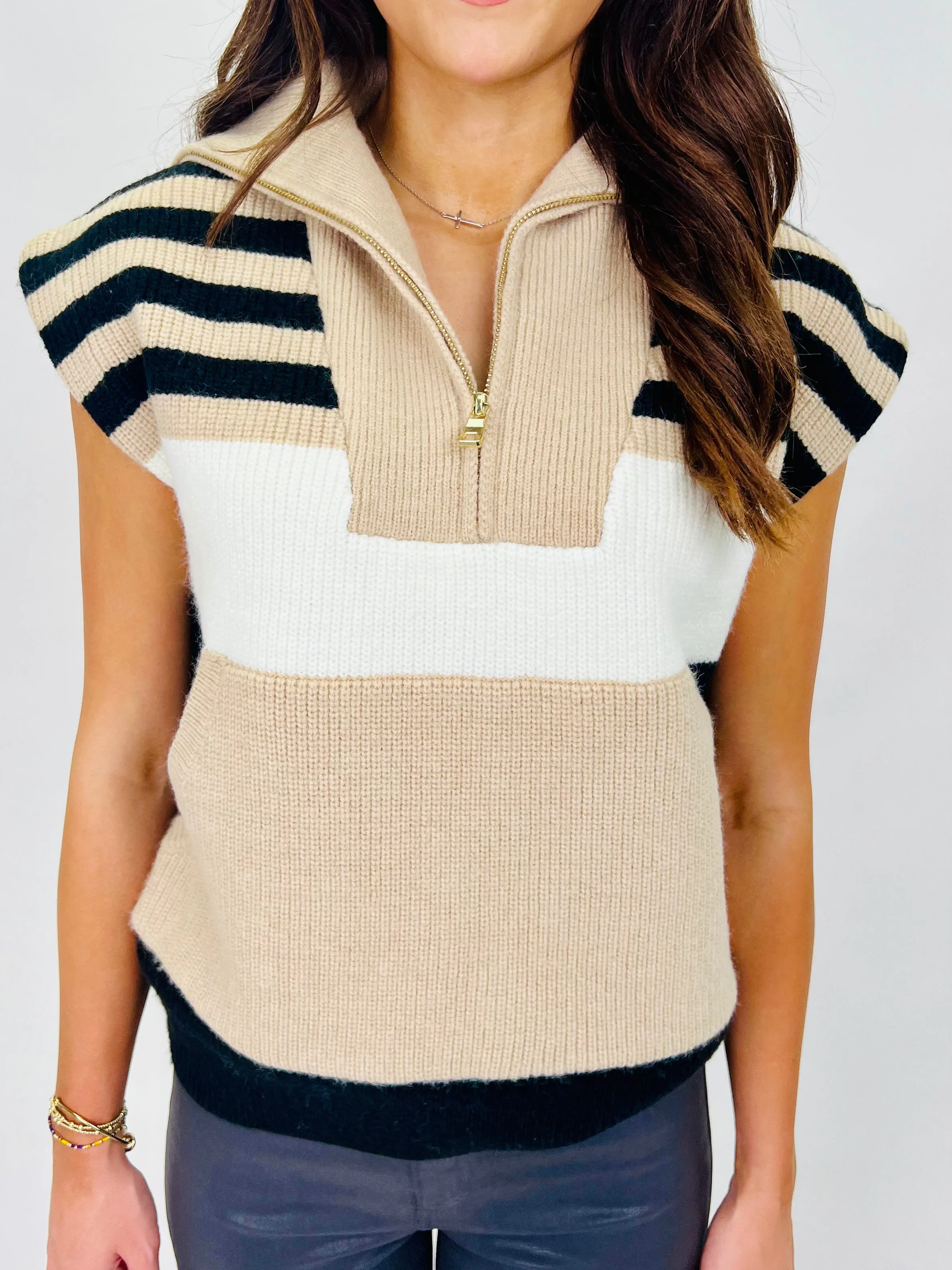 ON IT GOES TAUPE COLOR BLOCK SWEATER