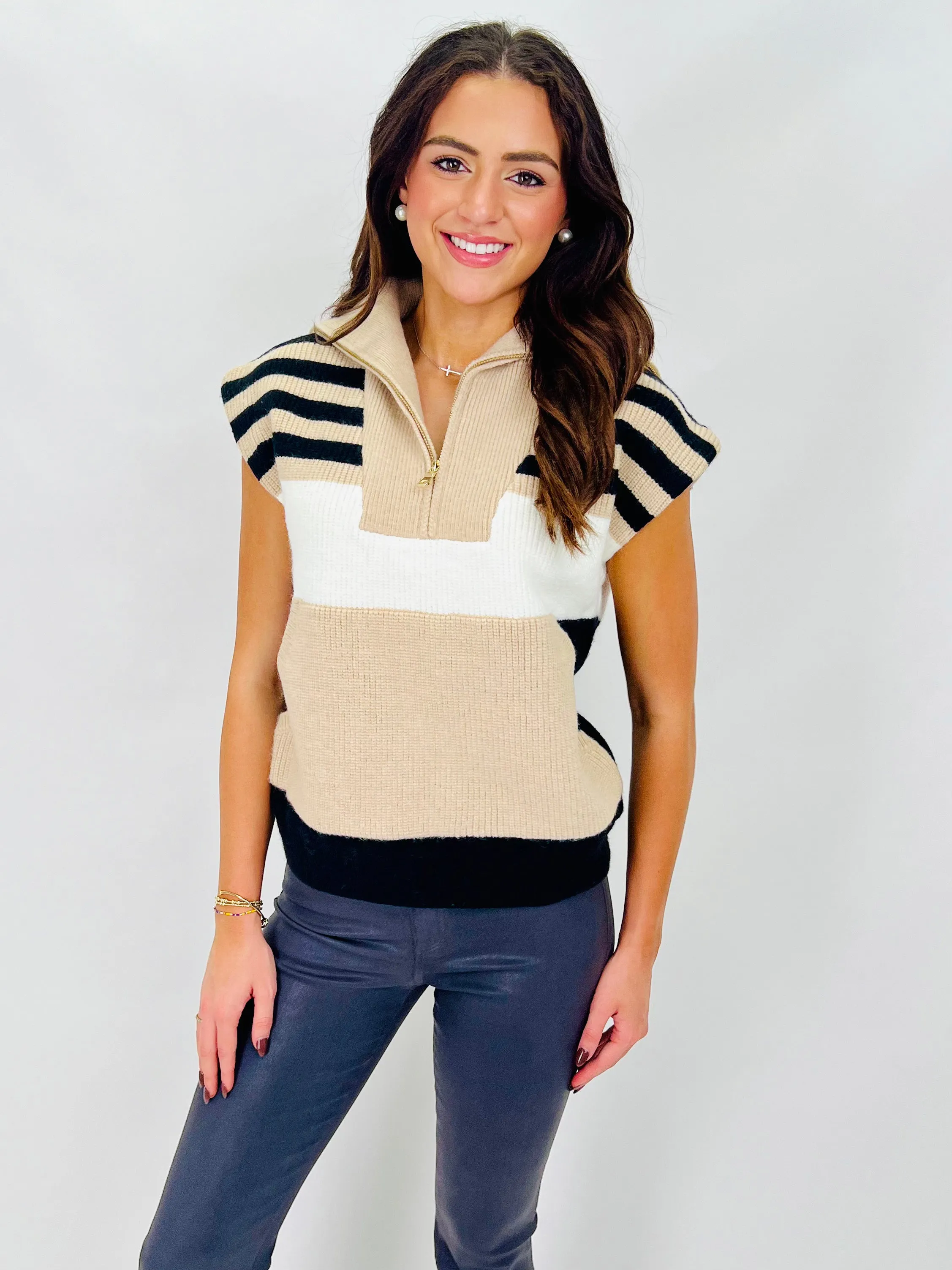 ON IT GOES TAUPE COLOR BLOCK SWEATER