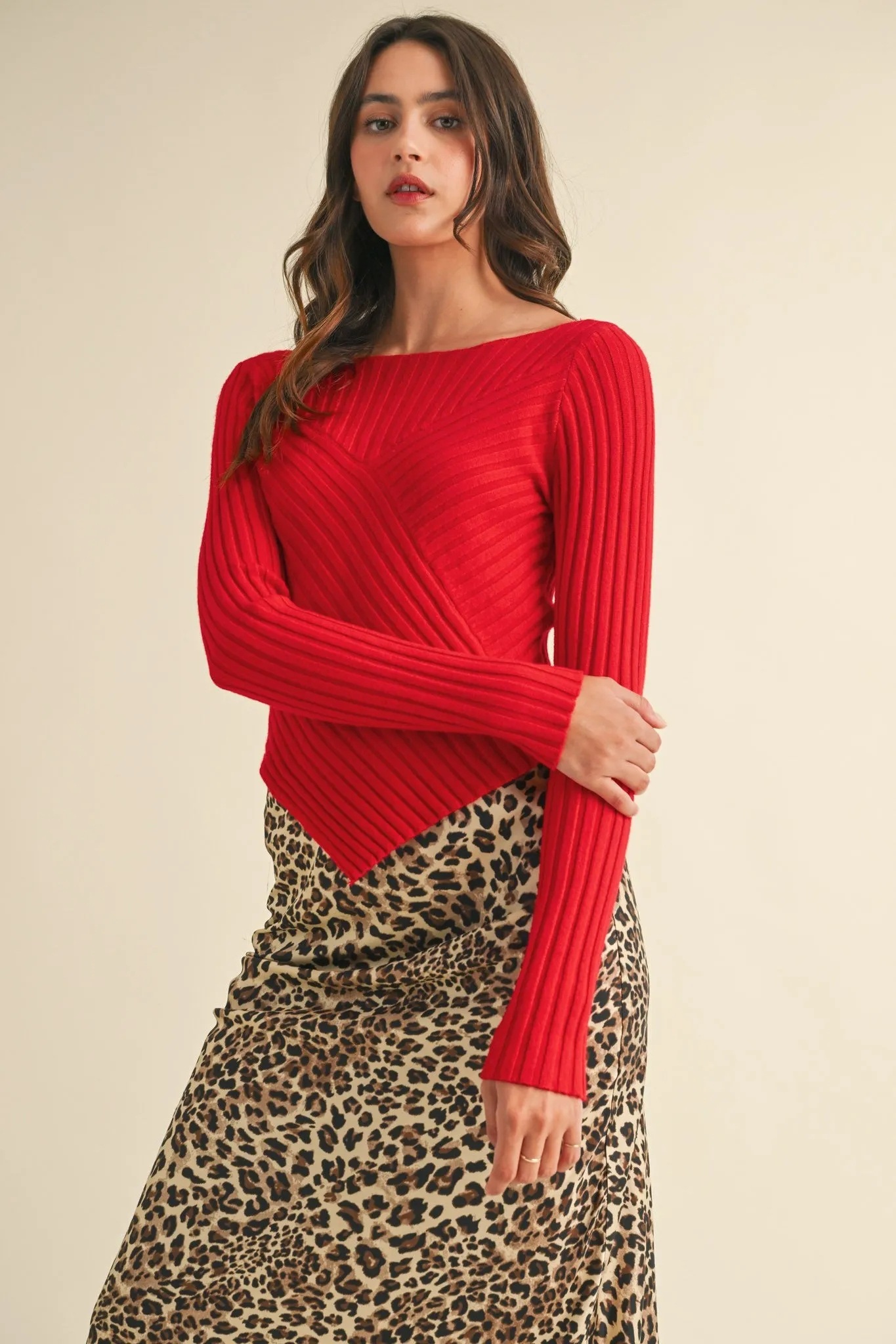 Paige Pointed Hem Ribbed Sweater, Red