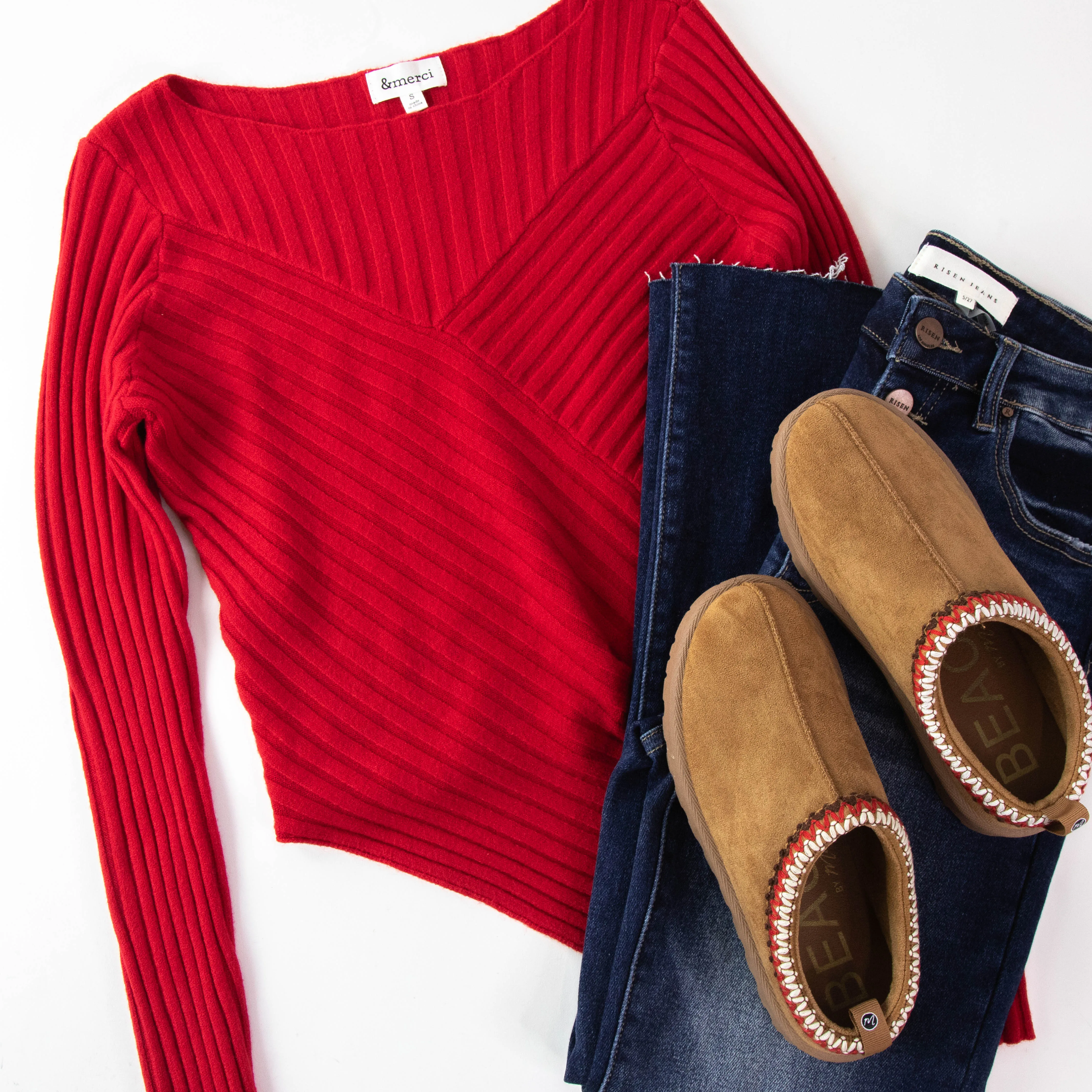 Paige Pointed Hem Ribbed Sweater, Red