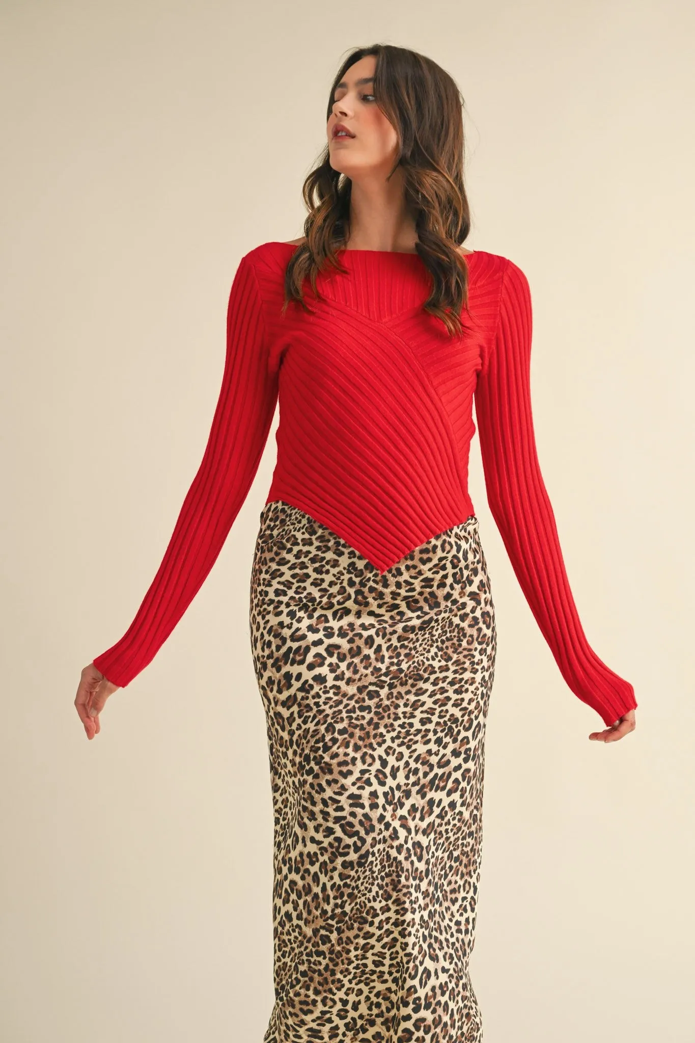 Paige Pointed Hem Ribbed Sweater, Red