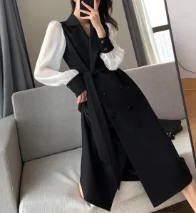 Patchwork Long Sleeve Belted Blazer Dress