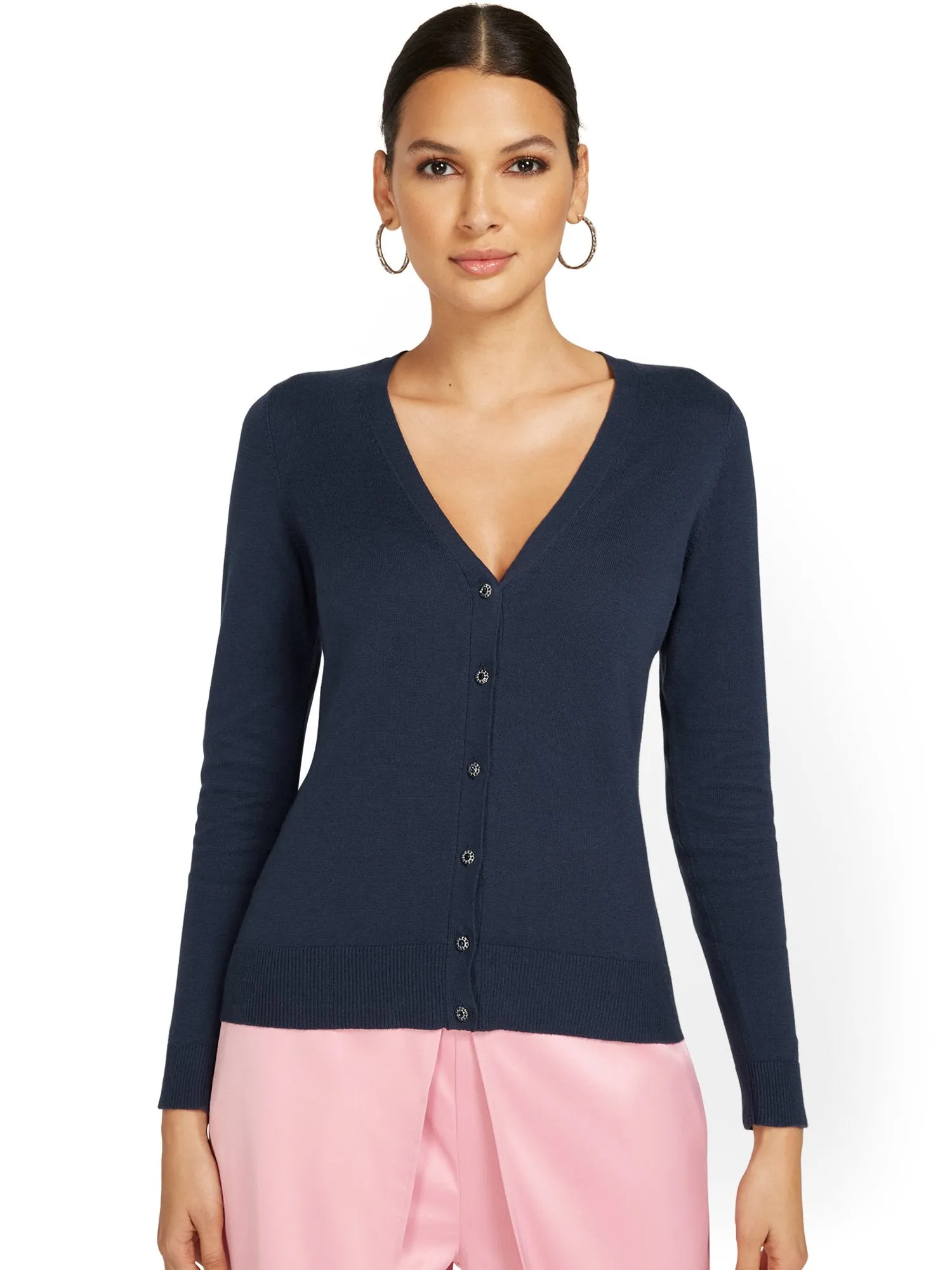 Petite Jeweled-Button Chelsea V-Neck Cardigan