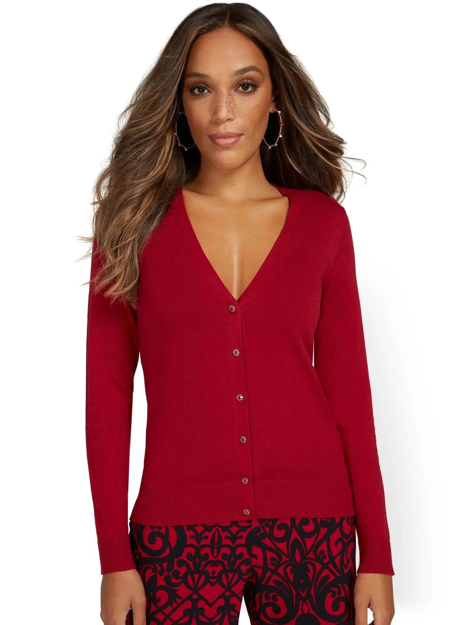 Petite Jeweled-Button Chelsea V-Neck Cardigan