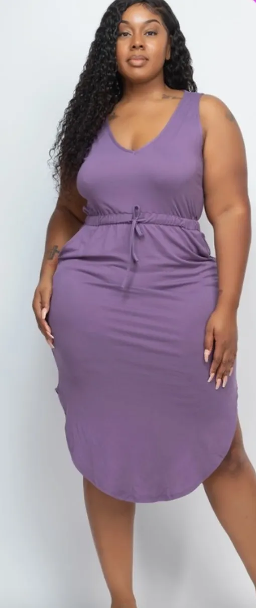 Purple Drawstring Curvy Fit Midi Dress