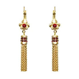 Ritzy Couture Fleur-de-Lis Ruby Red Tassel Leverback Earrings - Goldtone Luxury