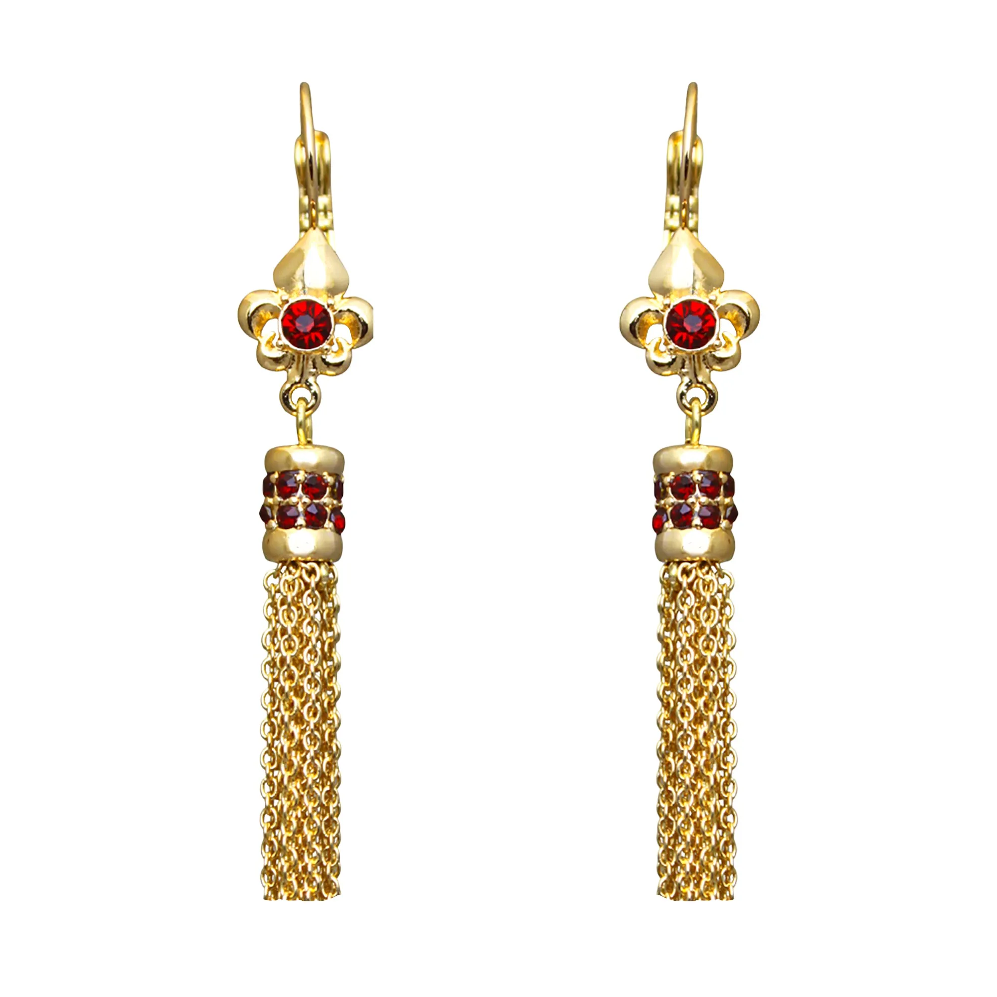 Ritzy Couture Fleur-de-Lis Ruby Red Tassel Leverback Earrings - Goldtone Luxury