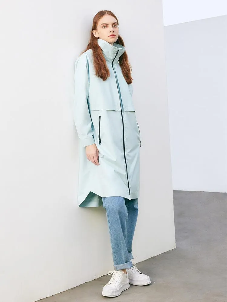 Sea Blue Hoodie Silm Trench Coat