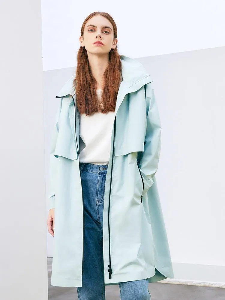 Sea Blue Hoodie Silm Trench Coat