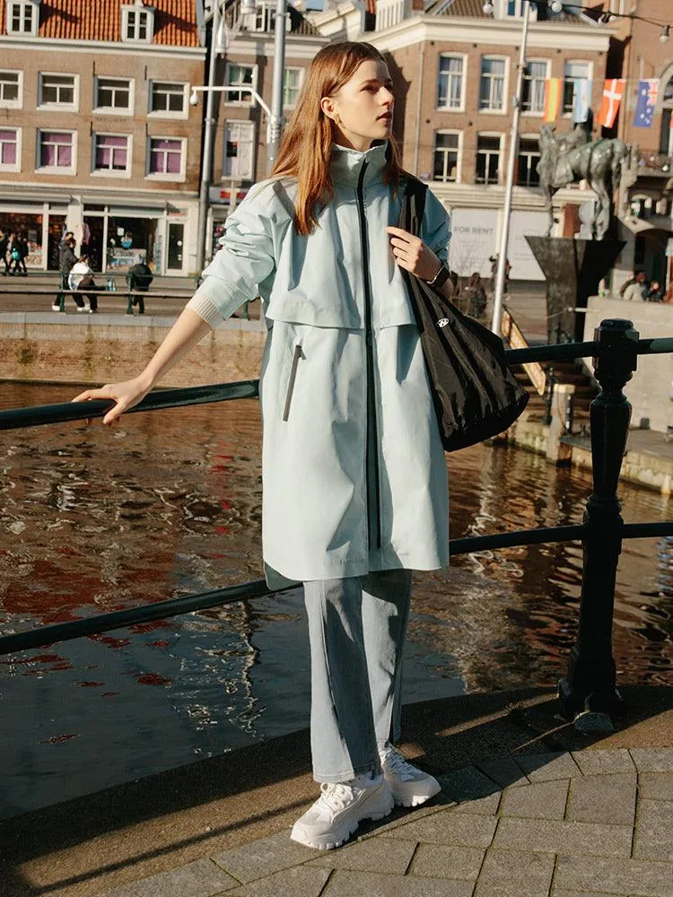 Sea Blue Hoodie Silm Trench Coat