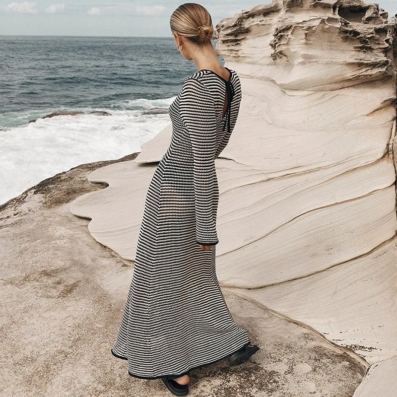 Sleek Open Wavy Black and White Striped Crochet Knit Fishtail Maxi Dress